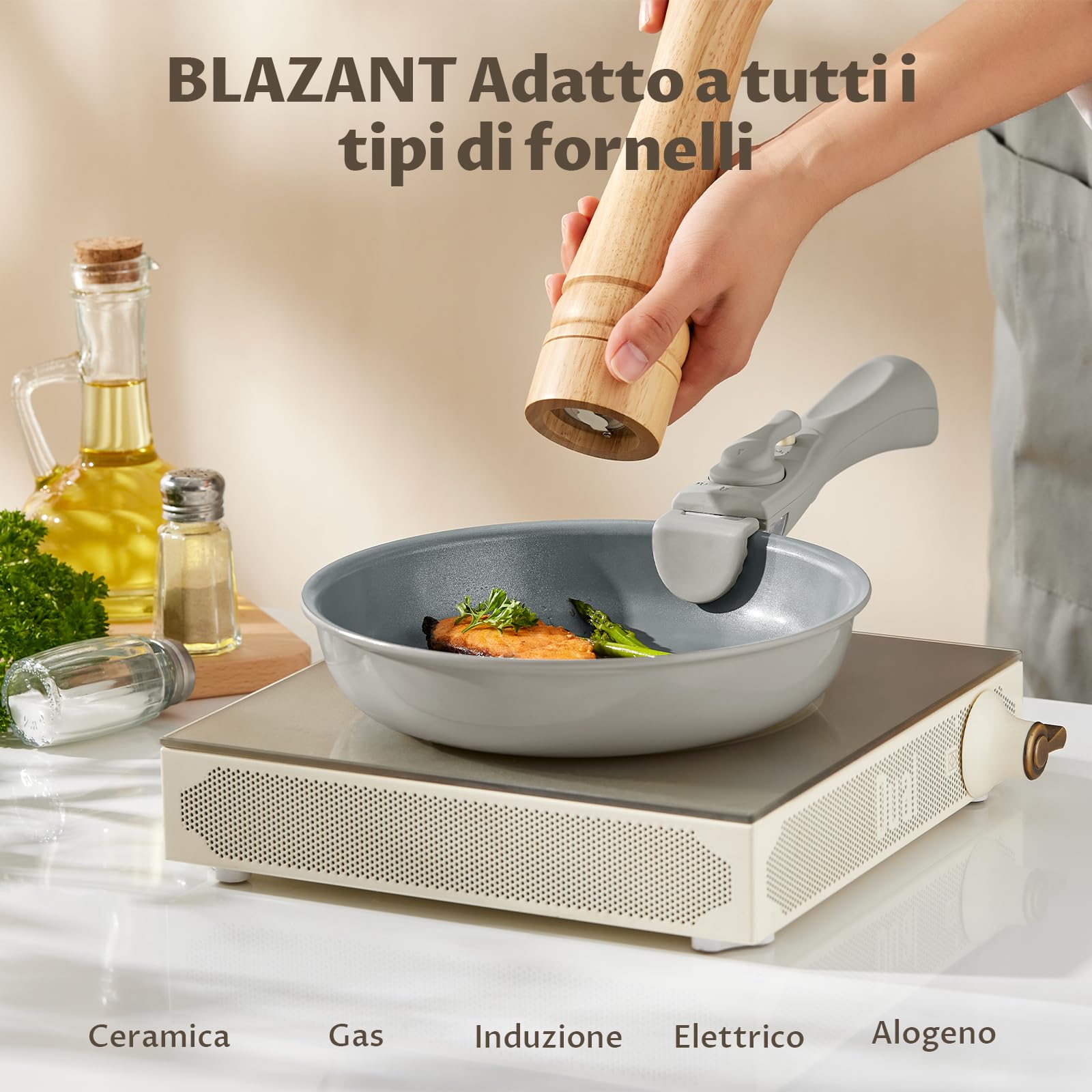 BLAZANT Padelle Antiaderenti Induzione Set con Manico Rimovibile, Padella Ceramica PFAS-free per Piccole Cucine, Camper e Famiglie, Risparmia Spazio, Adatte a Forno, 7 Pezzi 20/24/28 cm