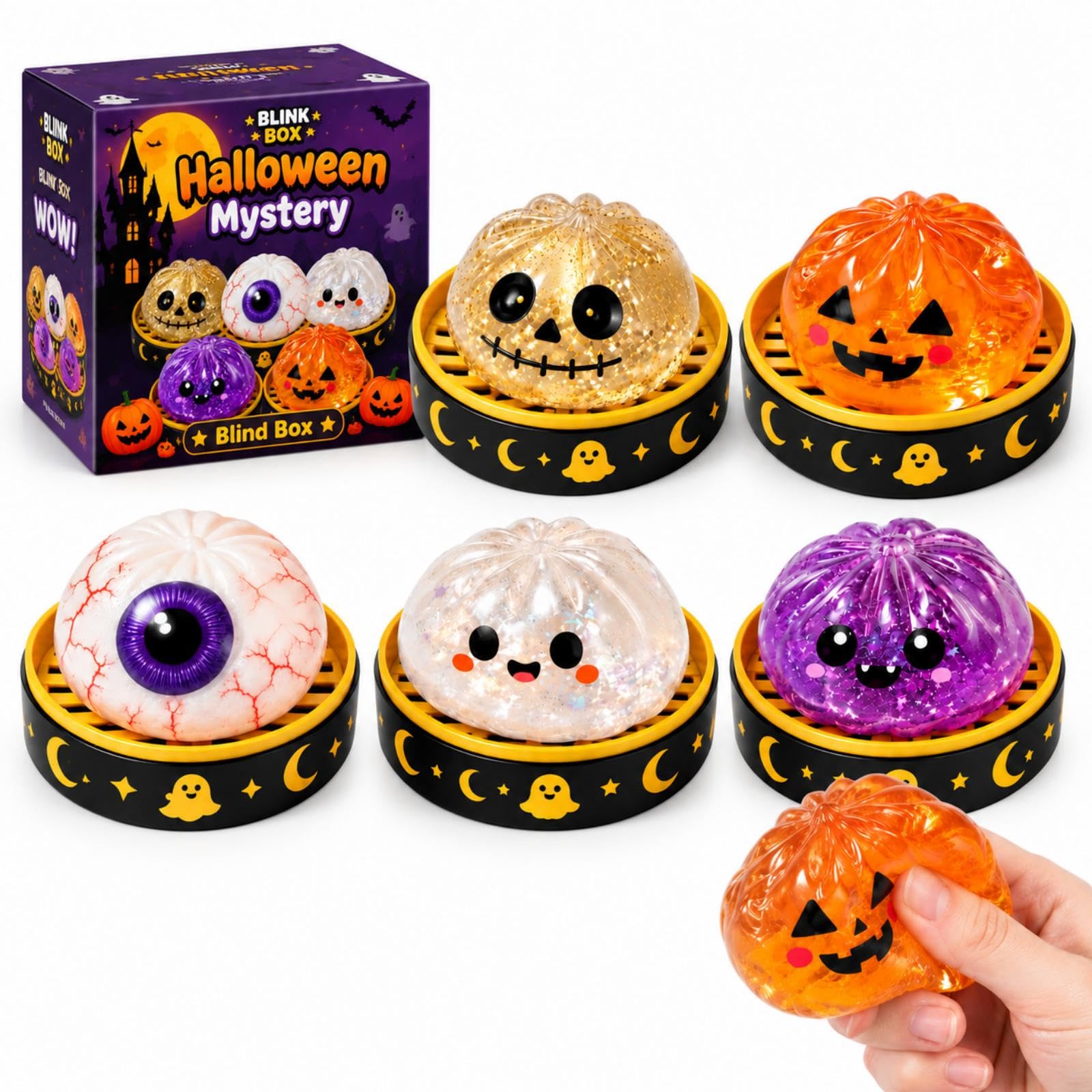 5 Pcs Halloween Dumpling, Ghost Bao Bun Glitter Halloween Squishy Toys