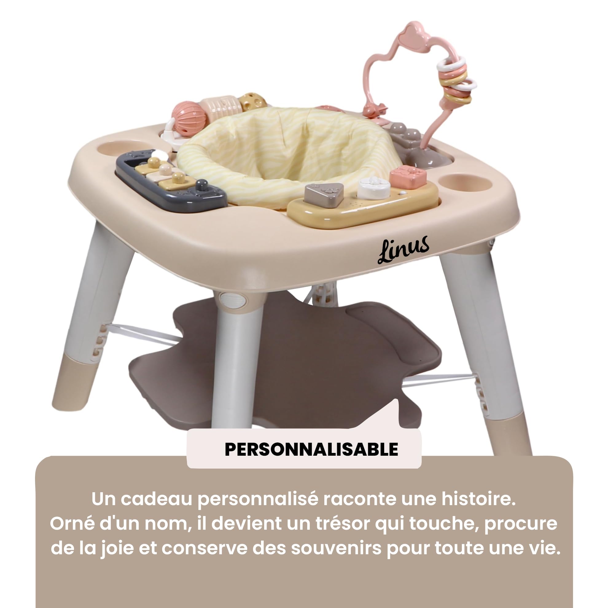 Personnalisable Table d’activités Rose/Beige Zèbre – Jeu créatif & rangement – Pour bébé dès 6 mois – Personnalisée avec prénom – Tryco