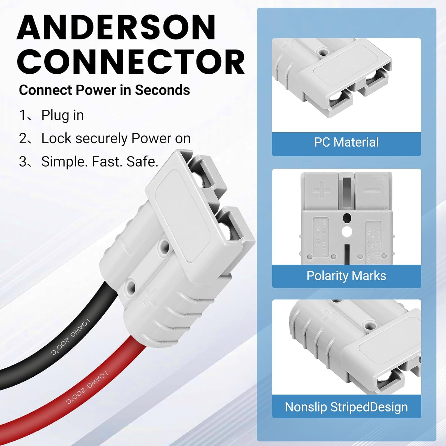 Anderson Connectors 10 AWG 50A Battery Quick Connector Anderson Connector Kit Connector Plugs with 20in（1.64ft） Cables Power Quick Connector for Winch, Trailer, Truck, RV, Off-Road Vehicles, 2PCS
