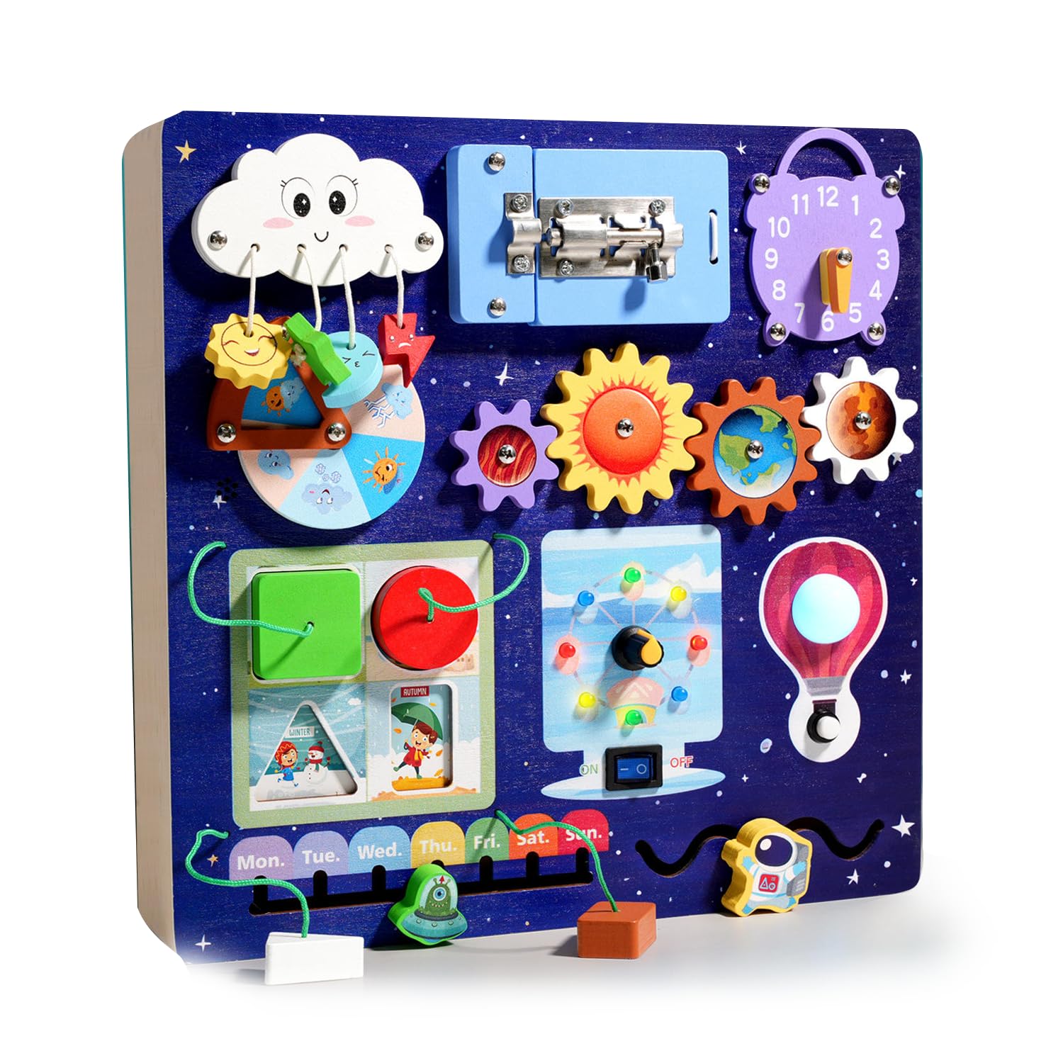 Busy Board für Kleinkinder | Montessori Spielzeug Weltraum Holz | Sensorik Motorikbrett mit LED Licht & Schaltern | Lernspielzeug zur Förderung der Feinmotorik | Jungen & Mädchen Geschenk, Blau