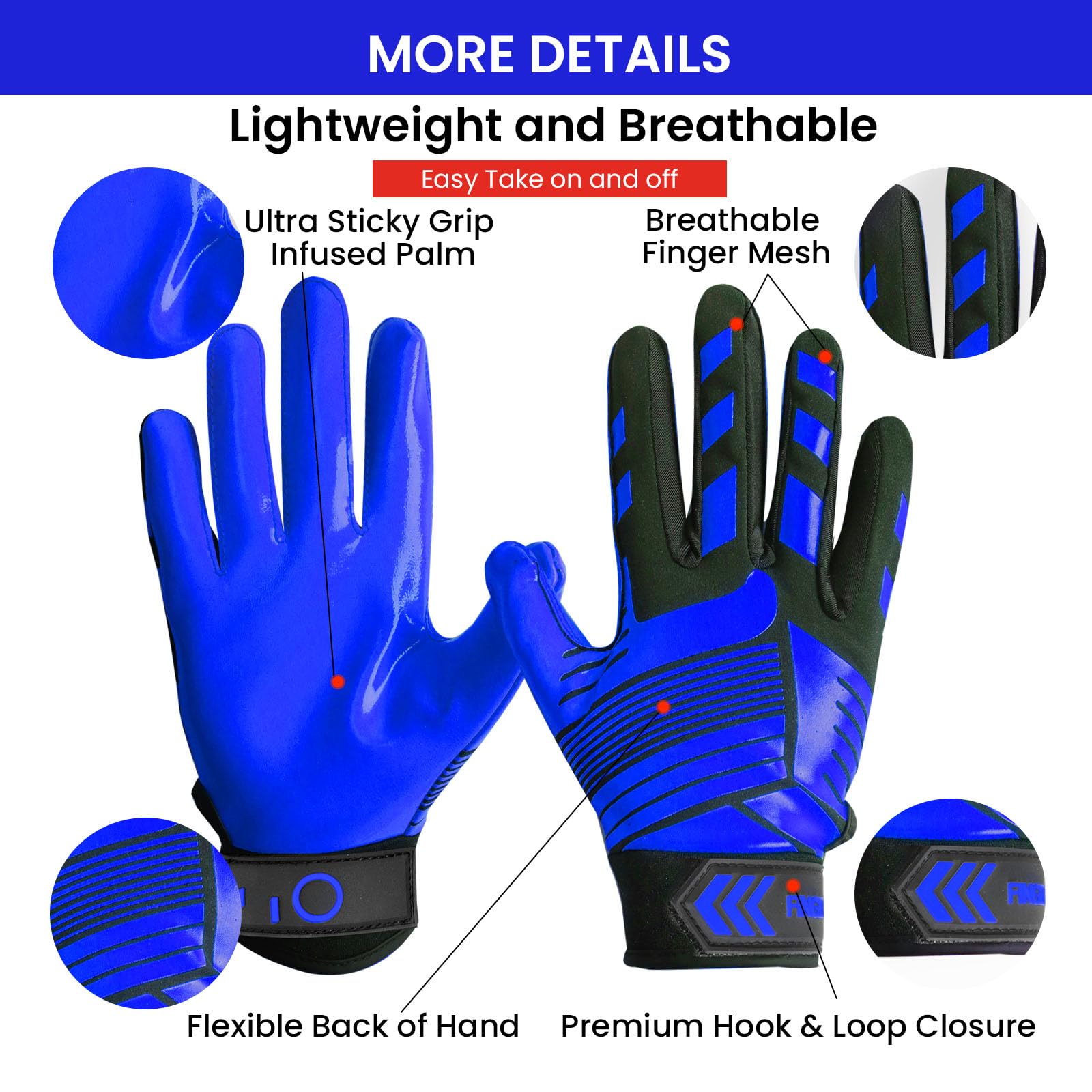 FINGER TEN American Football Gloves Youth Kids Ultra Tack Sticky Non-Slip Palm Receivers - Image 2