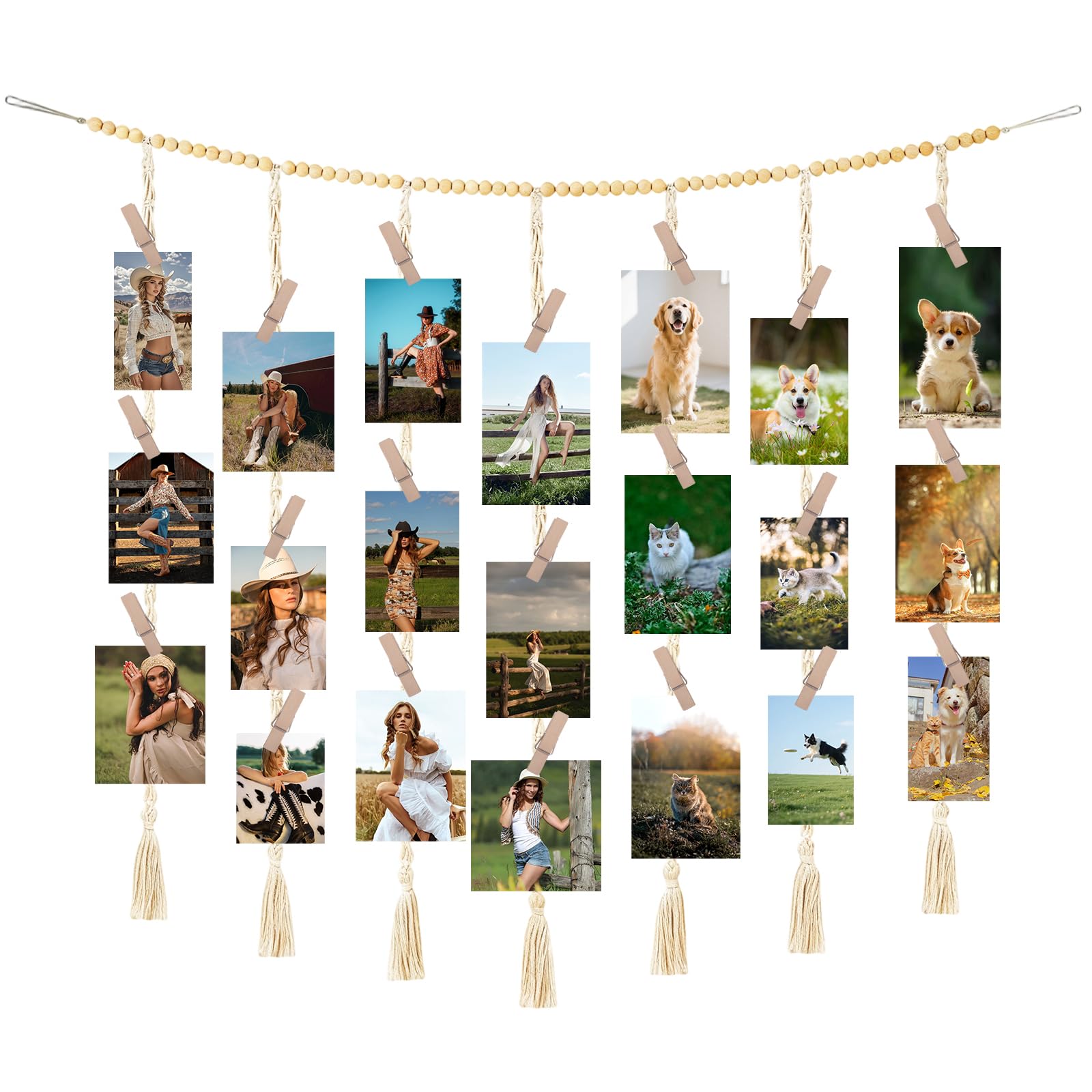 Les-Theresa Porta Foto Spago, Collage Cornici Foto da Parete, Appendifoto, Portafoto da Parete Multiplo Family, con 30 Clip in Legno e 3 Magnete per Compleanno Matrimonio Natale (15.7 * 40.4inch