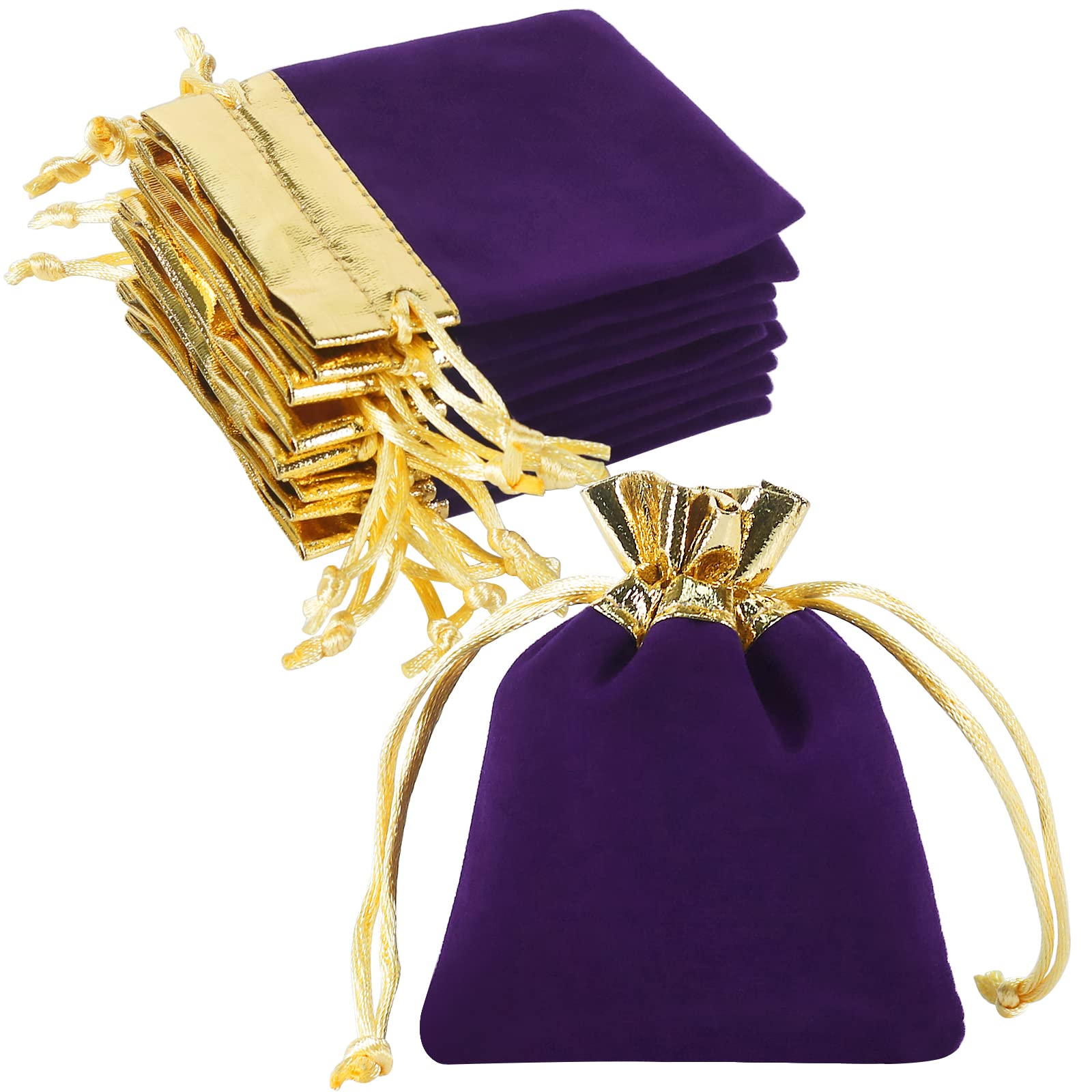 HRX Package Small Velvet Jewelry Bags 3x4 inch, 20pcs Purple Gold Cloth Gift Pouches with Drawstrings