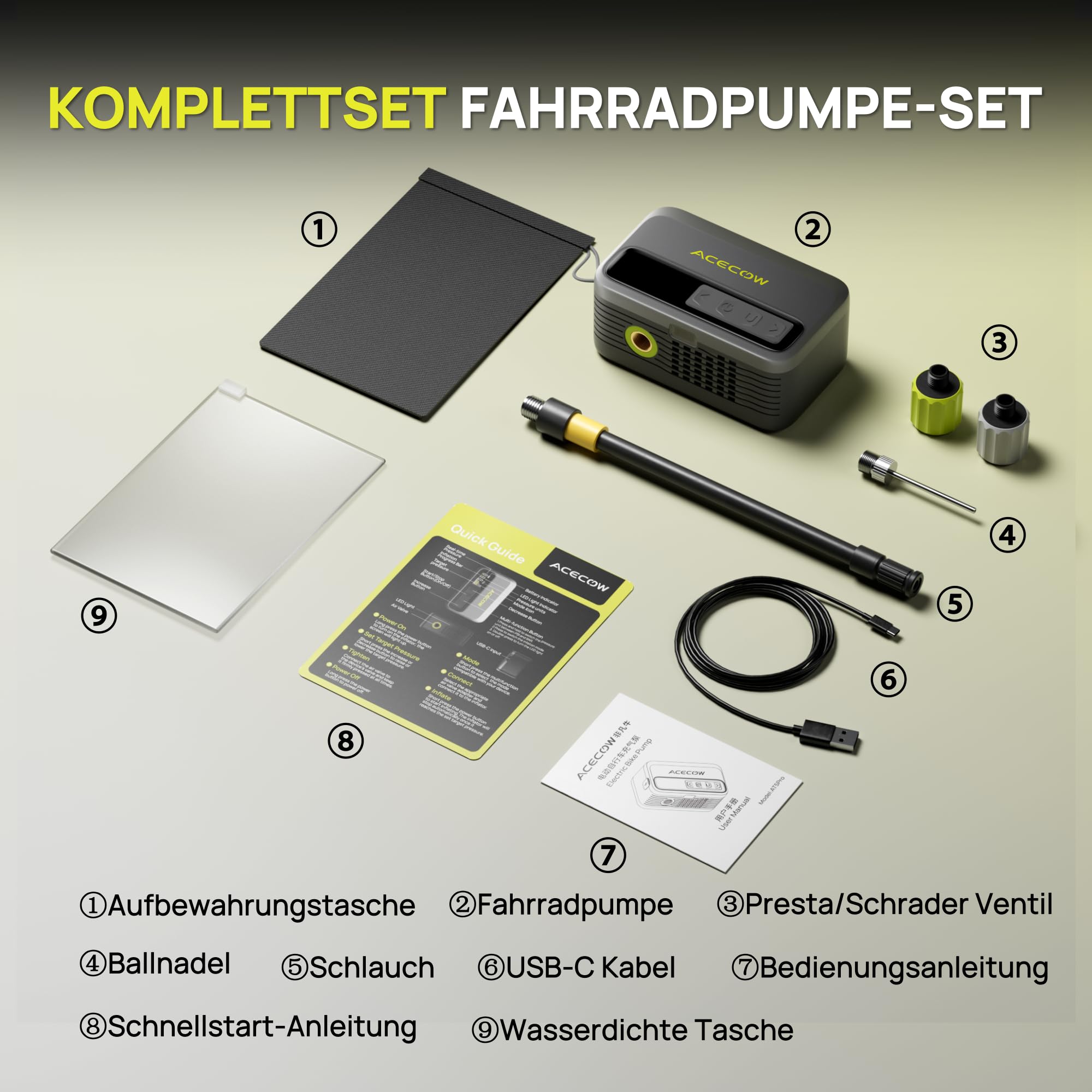 AT5Pro Mini Elektrische Fahrradpumpe, 120 PSI Akku Fahrradpumpe mit Presta und Schrader-Ventil, Auto-Stopp, Überhitzungsschutz für Rennrad, Mountainbike und E-Bike