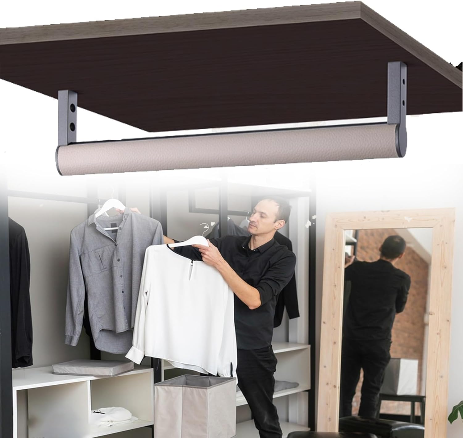 Exra Long Closet Hanger Rod, Wardrobe Pole/Tubo para Colgar Ropa for Laundry Room Bathroom Balcony, Aluminium Closet Bar with Anti-Slip Strip & Hardware(B,150cm(59''))