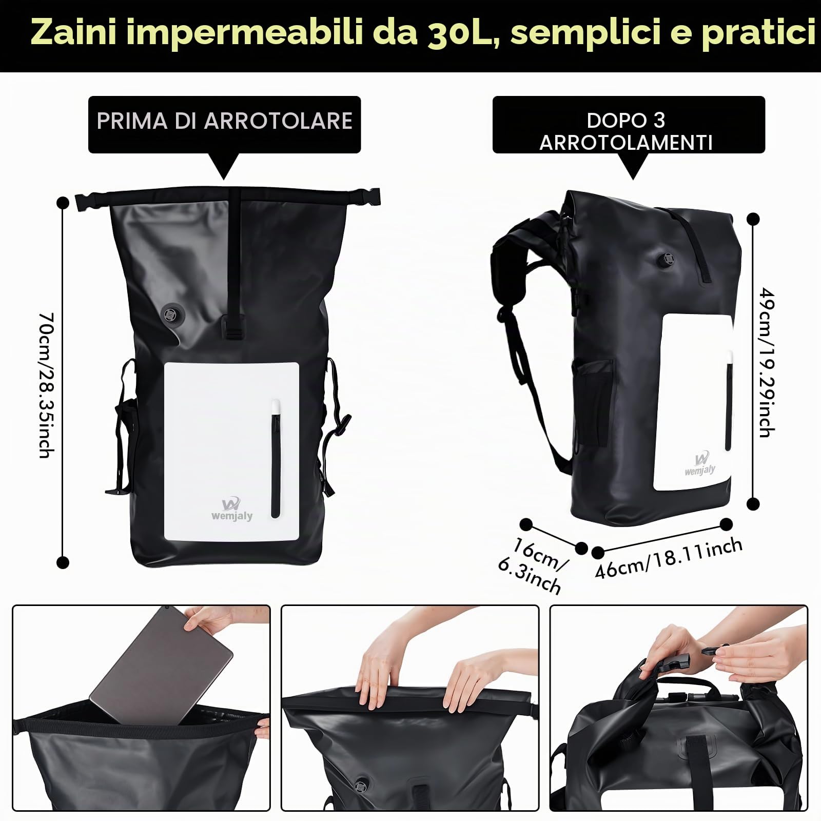 Zaino Impermeabile 30L - Borsa Impermeabile Zaino con Scomparto per Tablet & Custodia Impermeabile per Telefono IPX8, Dry Bag Backpack per Campeggio, Kayak, Pesca, Rafting, Canoa e Nuoto