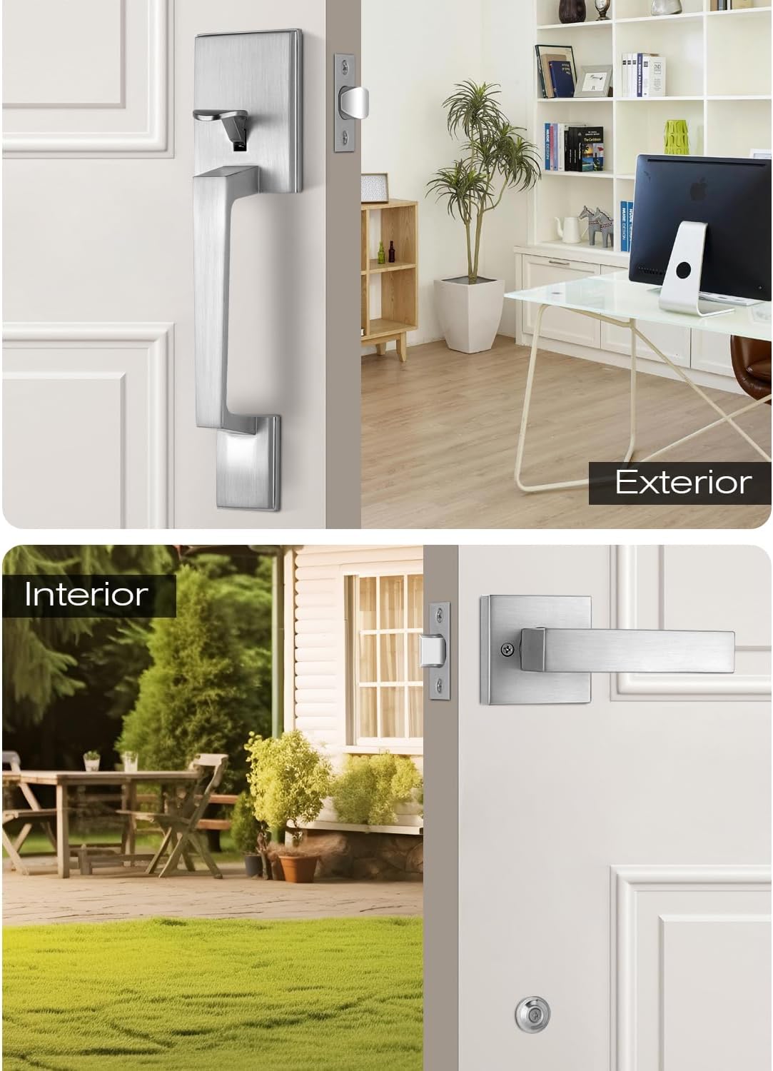 EHOMEWARE Front Entry Door Handle No Lock, Satin Nickel Exterior Door Lever Set, Front with Interior Door Knob, Left and Right Doors Universal, Modern Square Design