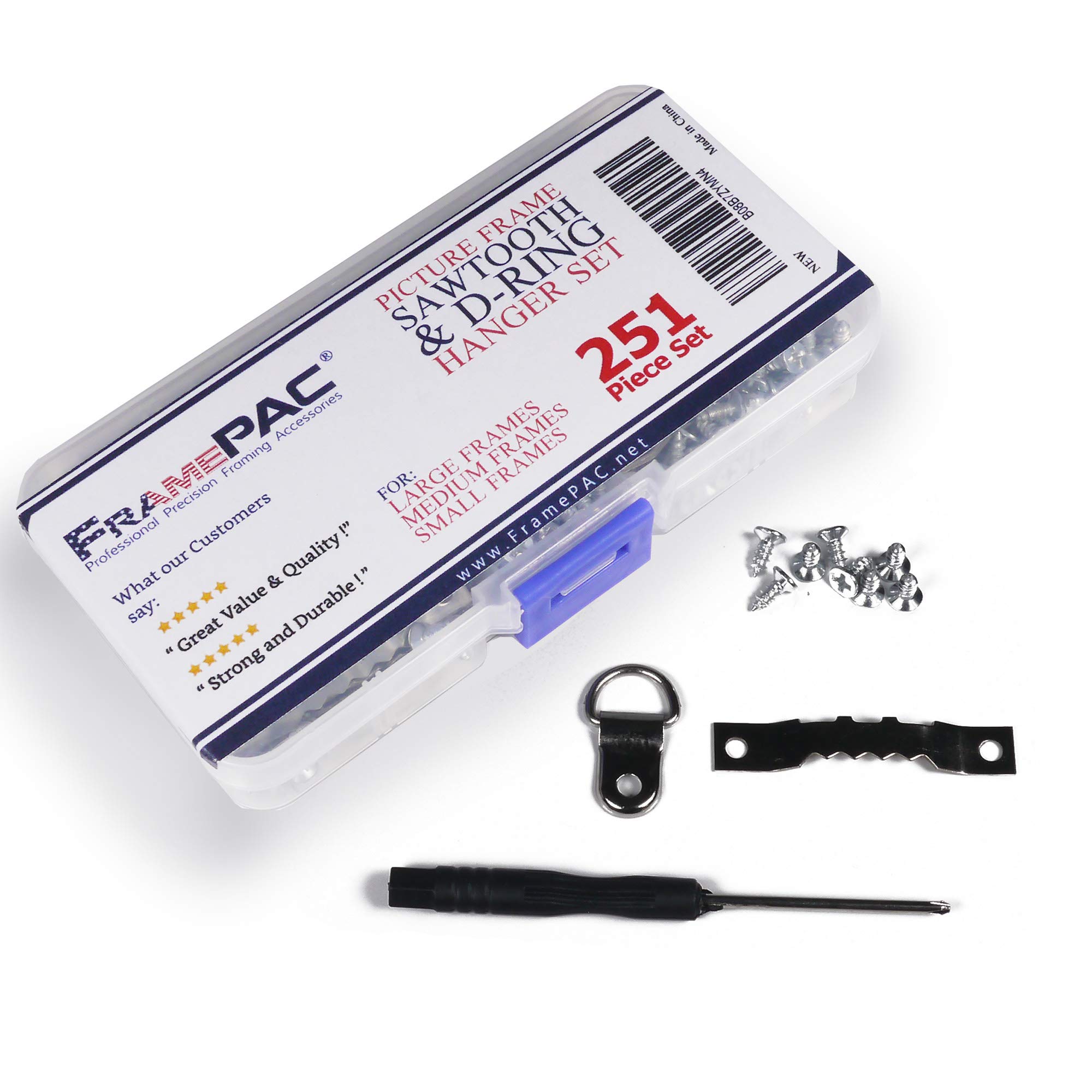 Picture Frame Hanger Set - Sawtooth and D-Ring Hangers - Screws Included - Bonus Mini Screwdriver (251 Pieces)