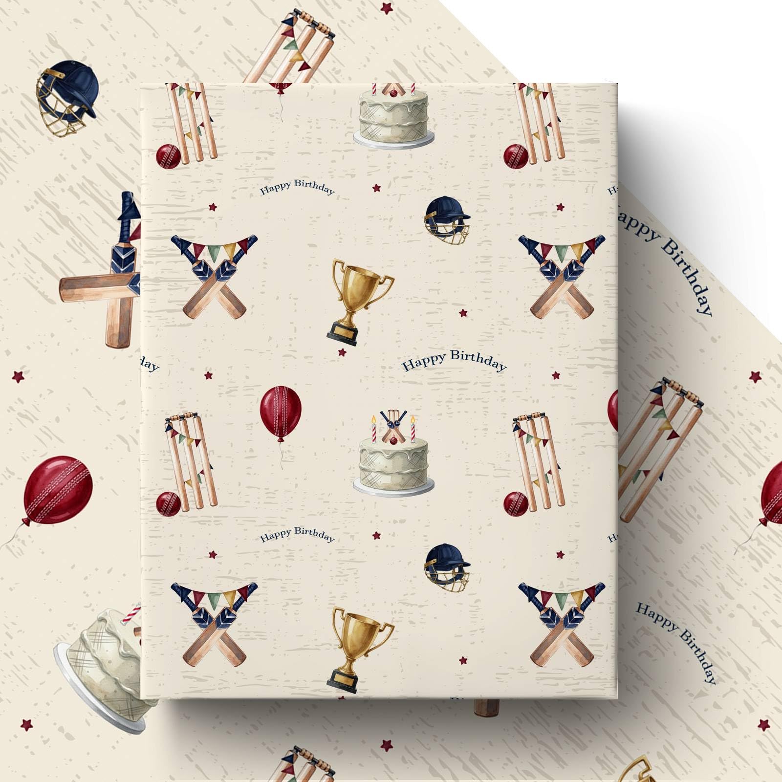GleeWrap Vintage Cricket Birthday Wrapping Paper – 4 Sheets 50 x 70cm Thick Paper, English Sports Themed Gift Wrap for Birthday Celebrations & Retirement