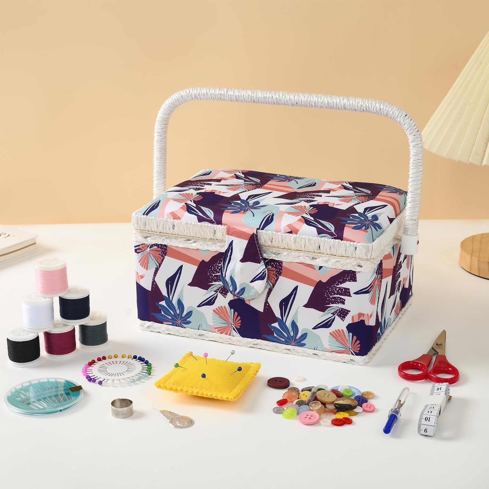 Nähkorb für Zuhause - Mittelgroße Aufbewahrungsbox mit Zubehör, Geschenk für Weihnachten, Erntedankfest, Muttertag (Bunt Geometrisch)