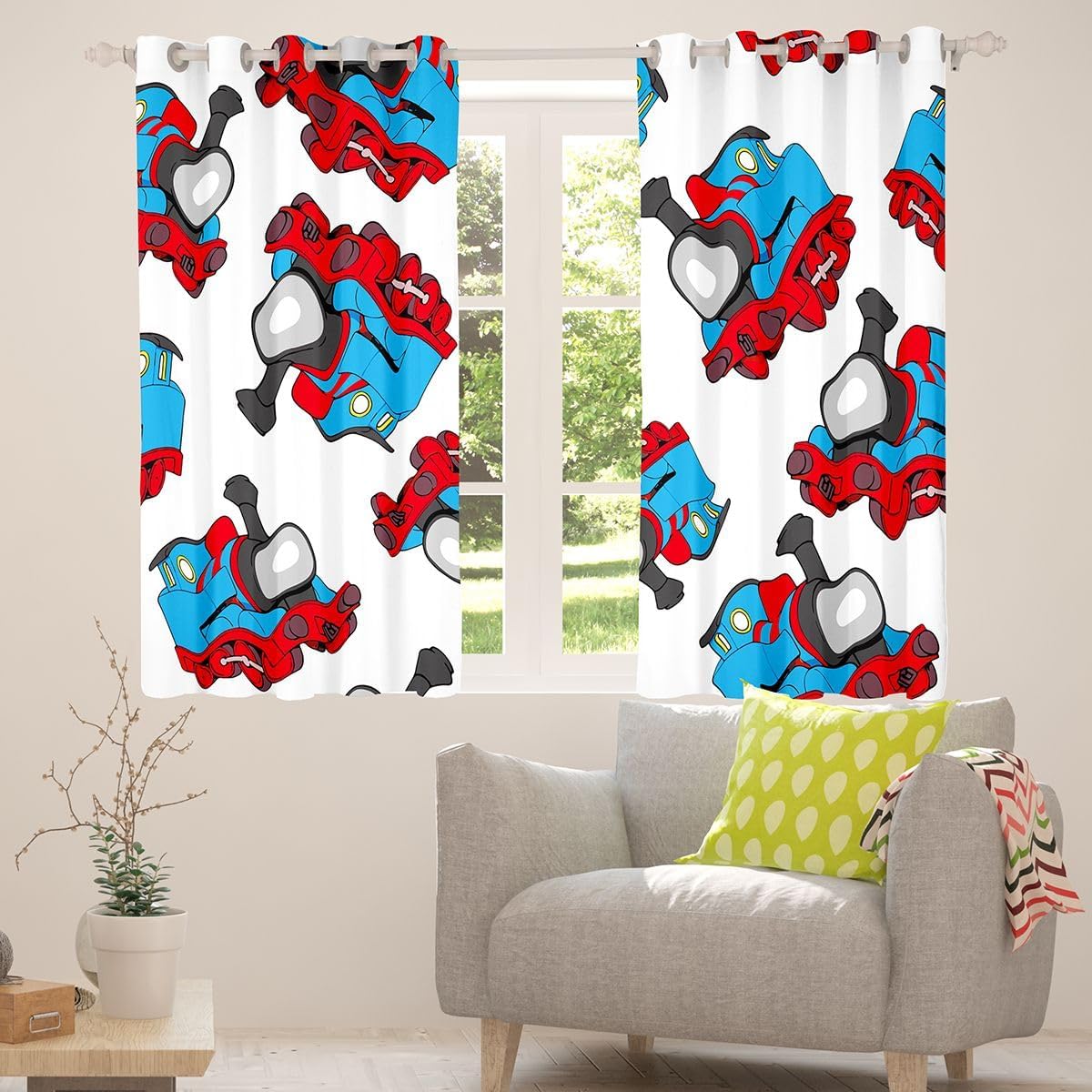 Train Darkening Dreapes Kids Cartoon Car Curtains for Bedroom Living Room Train Travel Decor Blackout Curtains Microfiber Train Construction Red Blue Window Treatments (2 Panels, 52 x 90 Inch)