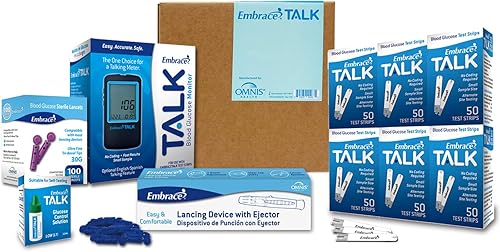 Embrace El kit de prueba de diabetes incluye medidor de glucosa en sangre Embrace Talk, 300 tiras de análisis de sangre, 1 solución de control, 1