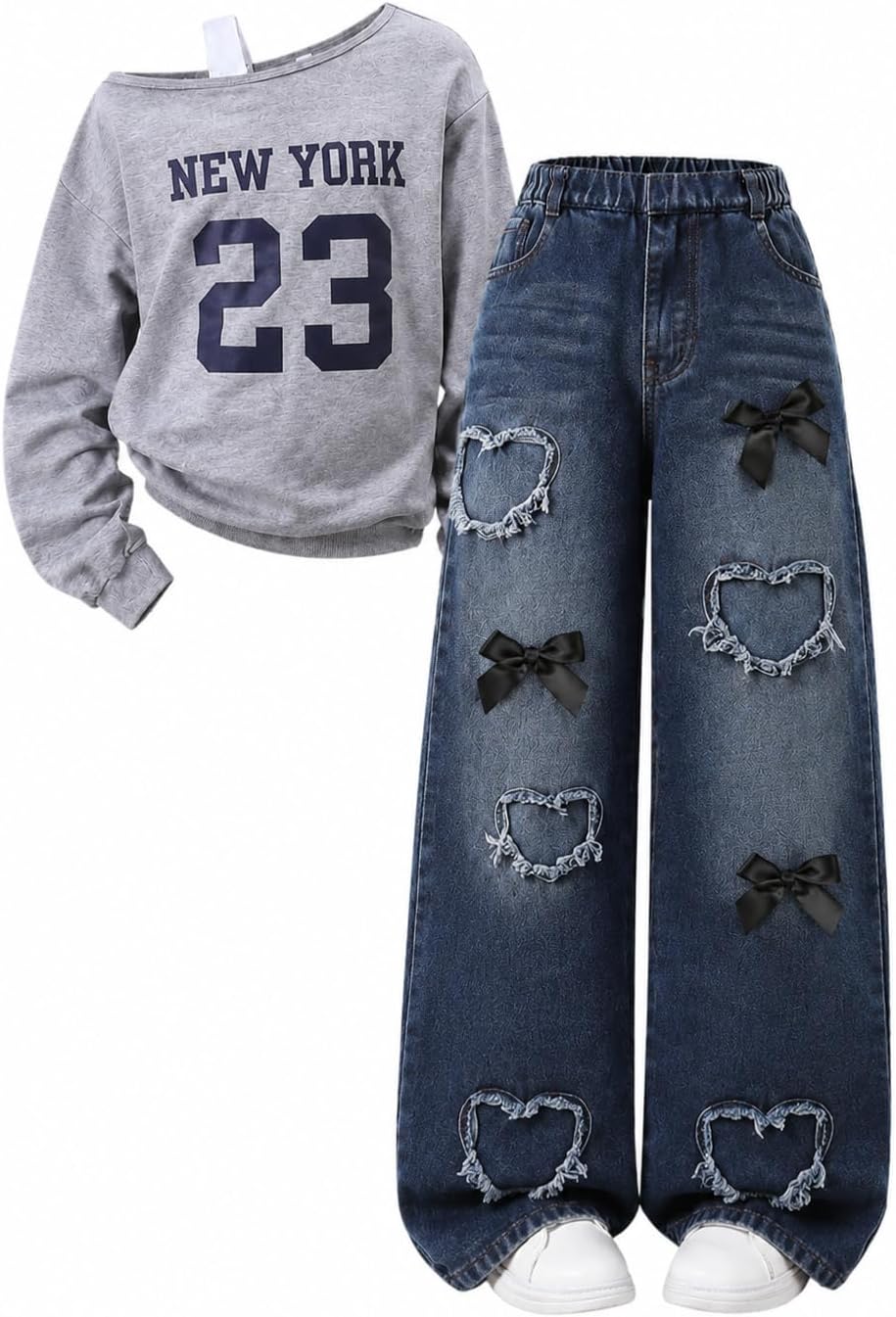 Tween Girl Clothes 2 Pieces Outfit Set Off Shoulder Top + Jeans Denim Fall Winter Spring Clothing, Size 8-16 Years