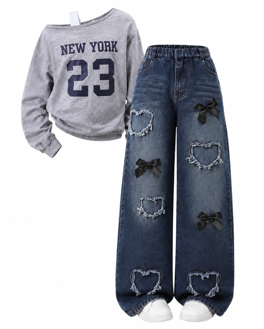 Tween Girl Clothes 2 Pieces Outfit Set Off Shoulder Top + Jeans Denim Fall Winter Spring Clothing, Size 8-16 Years