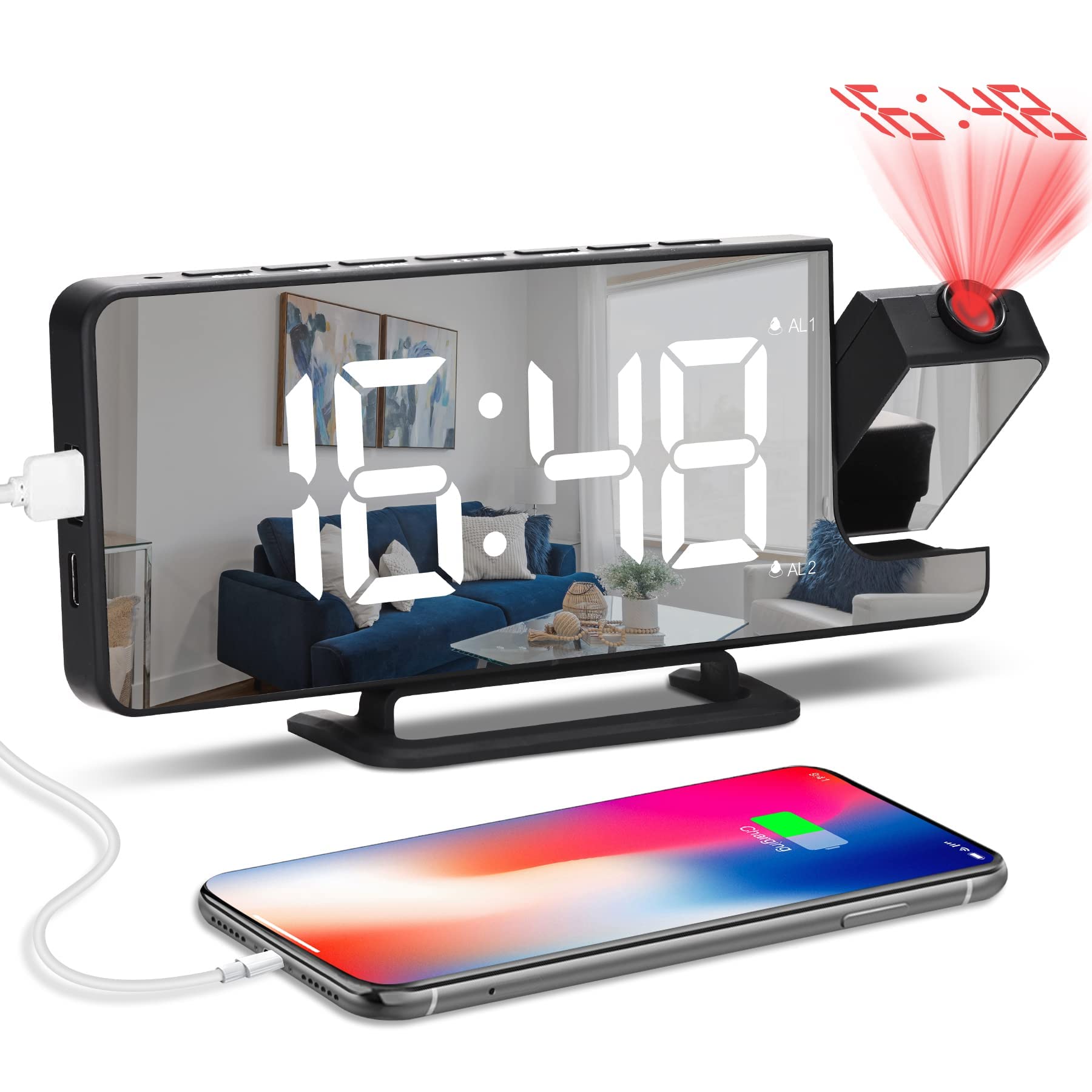 Projection Alarm Clock for Bedrooms, 7.3" LED Mirror Screen with 0-100% Dimmer, Dual Alarm Digital Clock with USB Charger Ports, 12/24H, Snooze, Projector Clock for Bedroom Decor for Heavy Sleeper