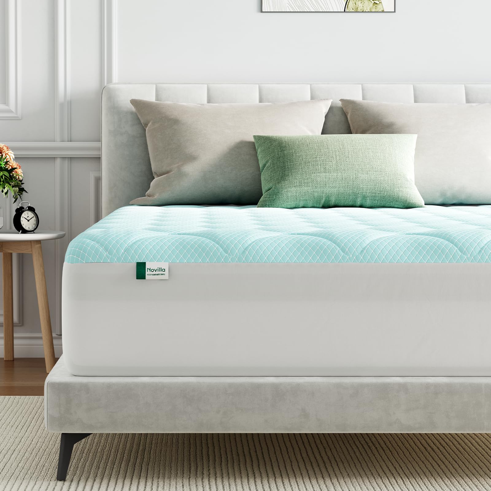 Novilla Sobrecolchón Refrescante de Fibra 160x190cm Agradable a la Piel, Grosor de 3cm, Refrigeración de Dos Fases, Cubre Colchón Transpirable con Bolsillo Profundo Elástico, Azul/Blanco