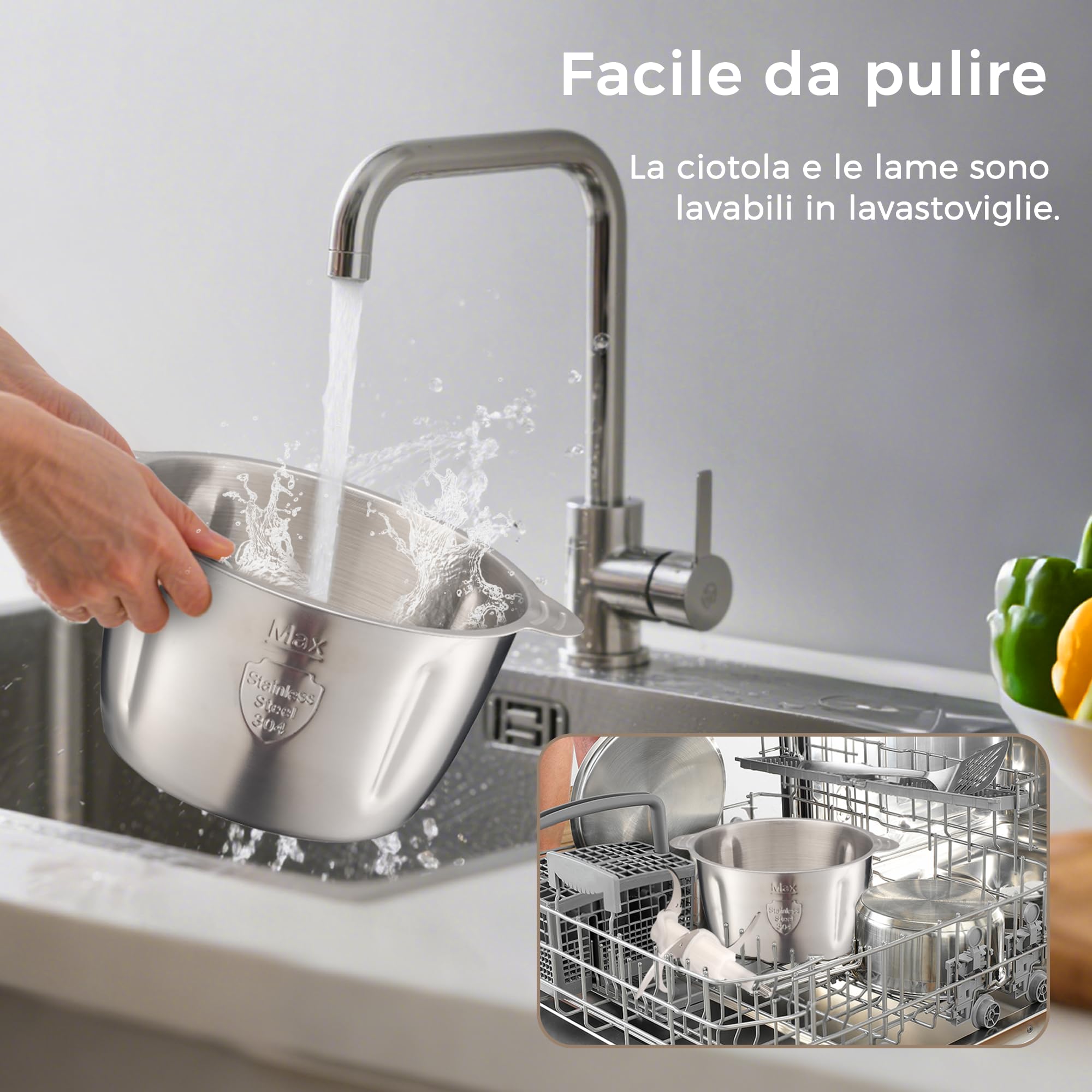 YASHE Tritatutto Elettrico 500W, Robot da Cucina con Ciotola in Acciaio Inox da 1,8L, Tritacarne con 4 Lame a Doppio Livello, 2 Velocità