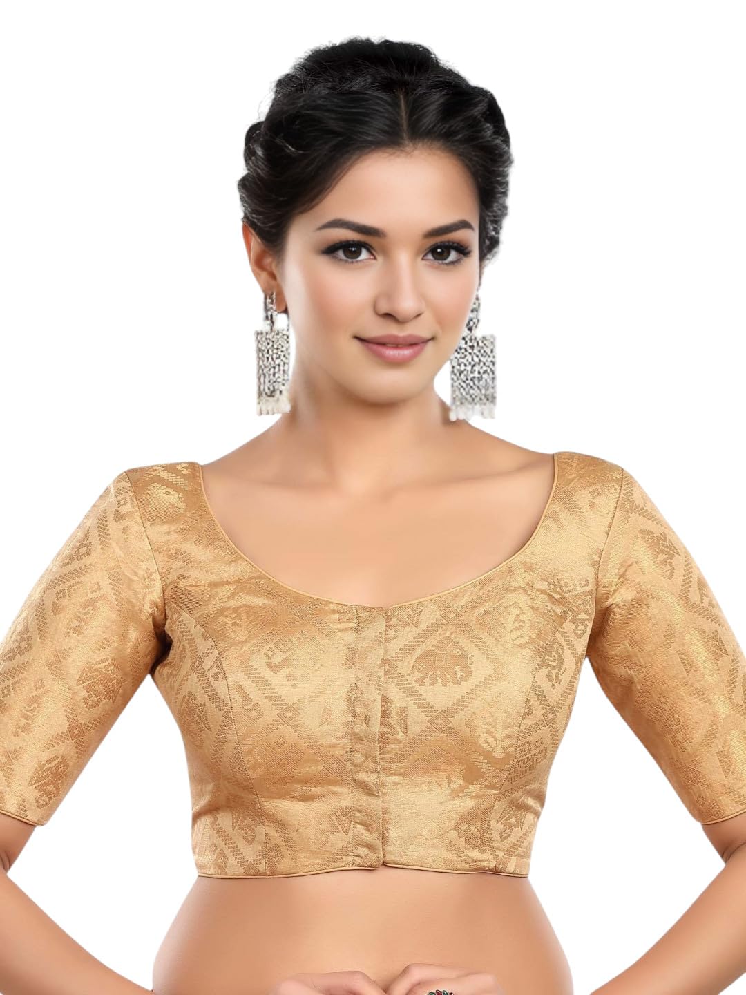 Women's Brocade Woven Round Neck Half Sleeves Readymade Saree Blouse-image-39
