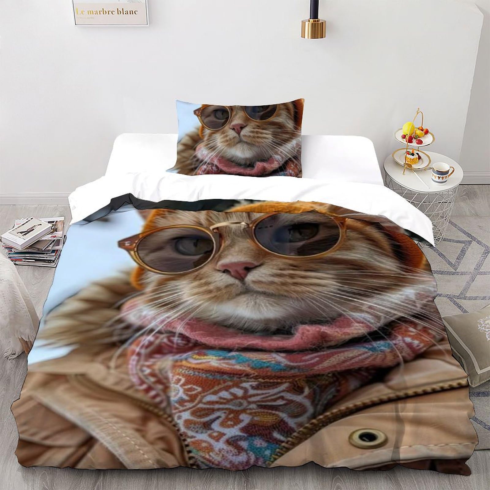 Housse de couette fille motif animaux 3D lit simple 135x200 parure lit microfibre thermorégulatrice