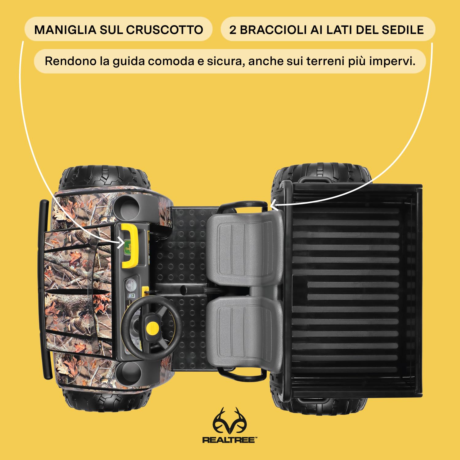 PEG John Deere Gator HPX Camo - Trattore Elettrico Cavalcabile per Bambini dai 3 Anni, Utility Vehicle Elettrico con Cassone Ribaltabile e Clacson, Batteria Ricaricabile da 12V