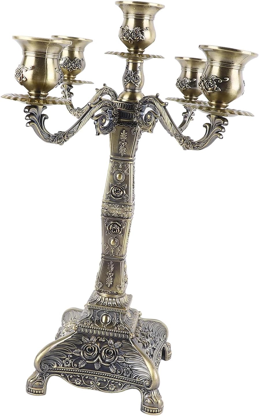 Metal Arms Candelabra, Vintage Candlestick Holder, European Style Retro Candle Holder with Pillar Design, Romantic Decoration for Wedding Dinner Party Home (Bronze Five Heads)