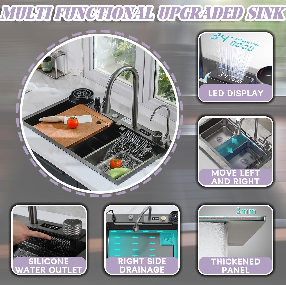 Fregadero cascada multifunción, 75 x 45 cm, negro, 1 lavabo cocina, acero inoxidable, rectángulo con cestas drenaje, sifón y juego desagüe, grifo temperatura