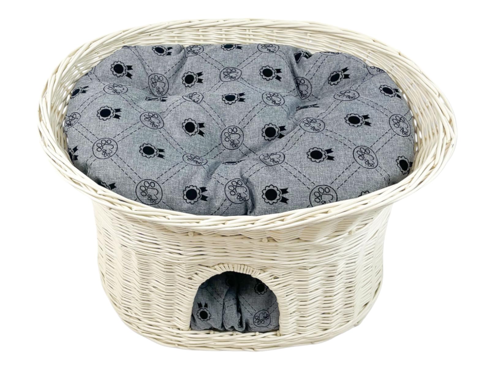 Katzenkorb zum Schlafen – Katzenhütte Indoor – Größe L: 60 cm oval – Katzenhöhle aus Weide – Zweistöckiger Hunde – oder Katzenbett mit waschbaren Kissen in Graue – Weiße korbfarbe