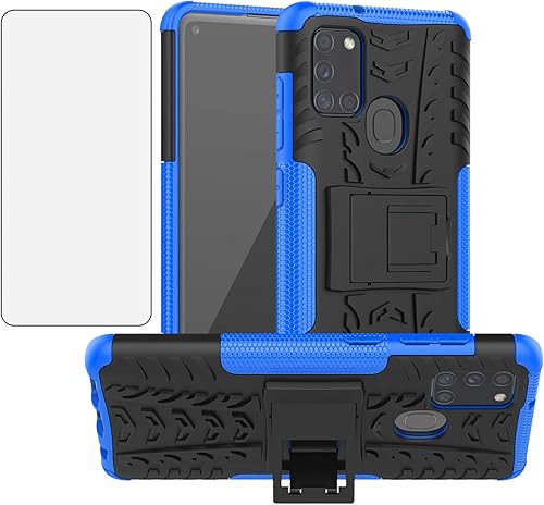 Funda para teléfono Samsung Galaxy A21S con protector de pantalla de vidrio templado y soporte, accesorios de protección híbrida dura, resistente,