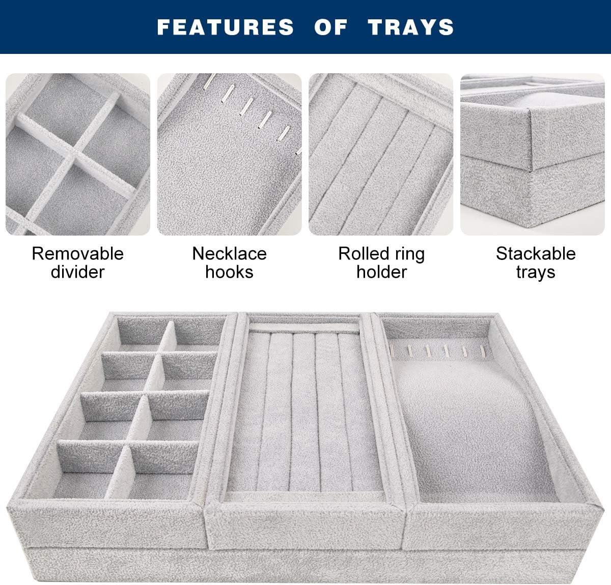 Mebbay Drawer Organizer 4 in 1 Stackable Velvet Jewelry Trays Organizer, Bracelet Ring Storage (Grey) : Clothing, Shoes & Jewelry