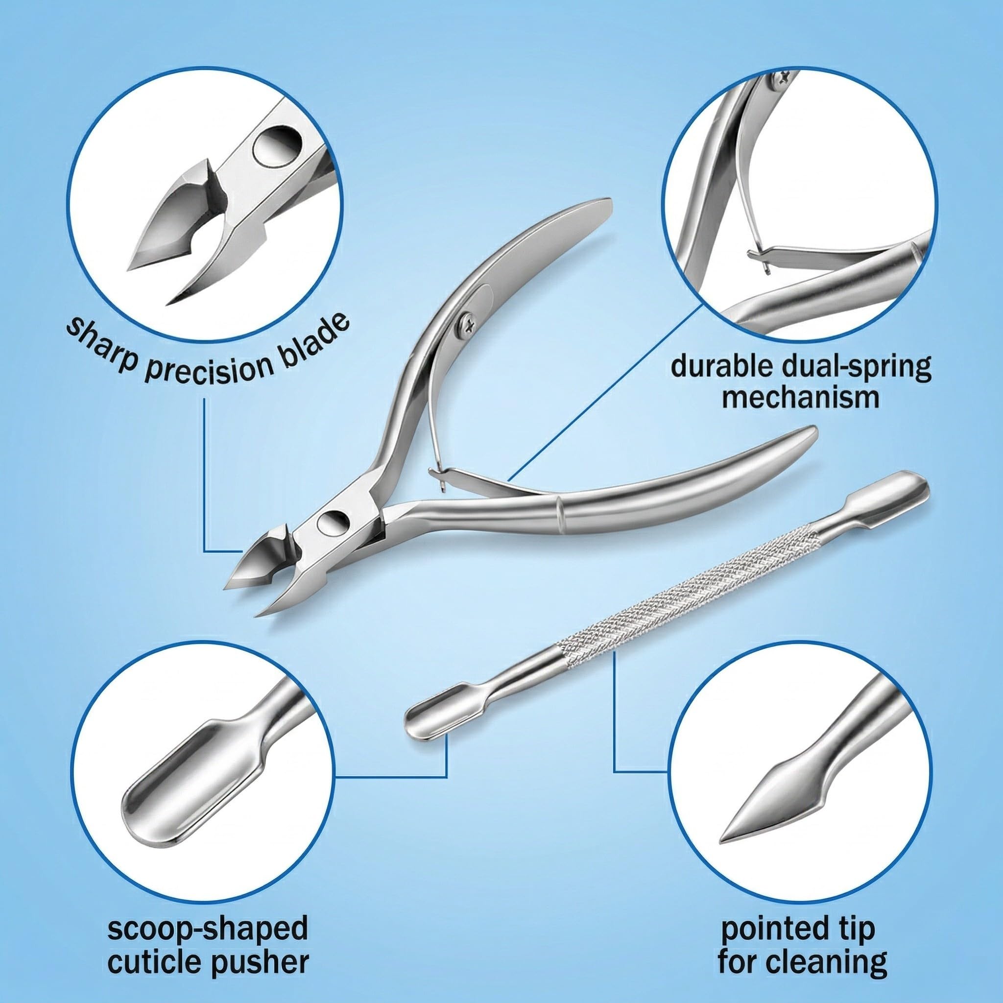 Corta cuticulas, 2 cuidado de cutículas — Kit de alicates de acero y herramienta de eliminación (Incluye cortacutículas de acero inoxidable y empujador de cutículas de doble punta)