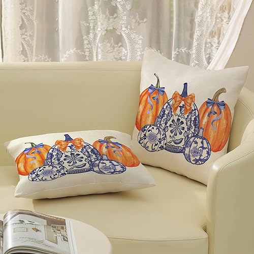 Miniatura 5 de Juego de 2 fundas de almohada de otoño chinoiserie de 18 x 18 pulgadas, color azul y naranja, diseño de calabaza de Grandmillennial, decoración de