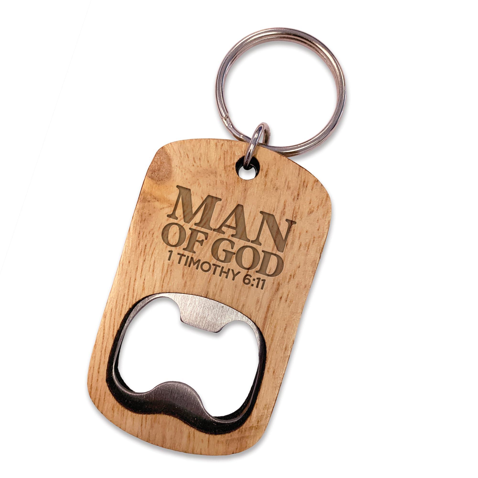 Bible Verse Bottle Opener Tool Keychain - Man of God, 1 Tim 6:11 Scripture - Oak Wood & Stainless Steel Mini EDC Keychain Tool for Bottled & Canned Beverages - Christian Pocket Tools For Men
