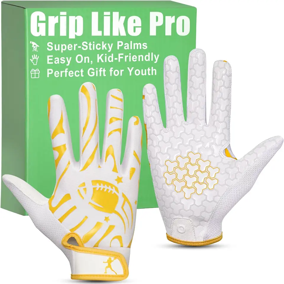 Pixel Panda Youth Football Gloves for Boys Girls, White and Black Flag Football Gloves with Super Sticky Grip, XS-XL Wide Receiver Glove for Kids 5-14 Best Gifts for Training
