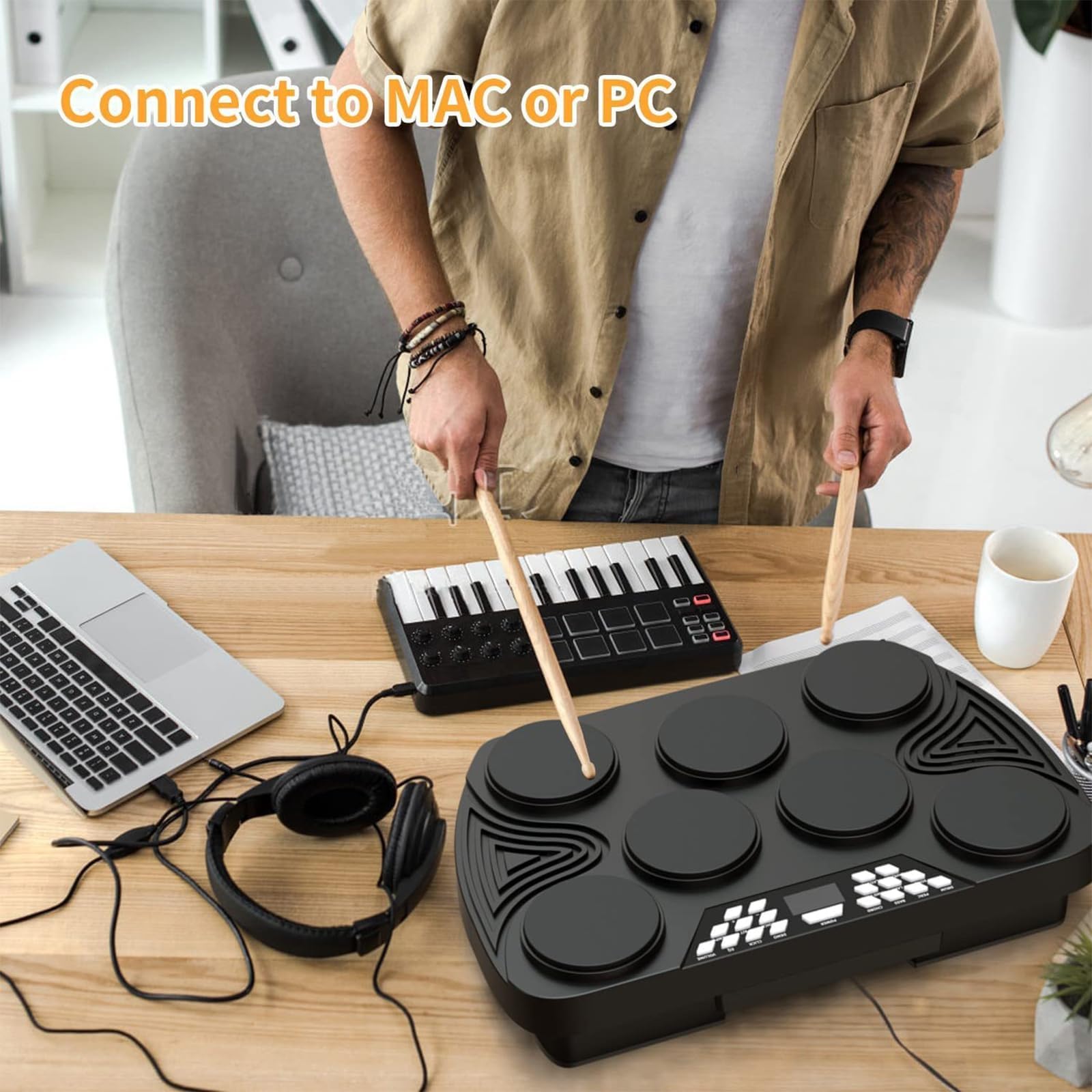 Batería Electrónica, Batería Eléctrica de Mesa con 2 Pedales y 2 Baquetas, Almohadilla de Batería de Práctica de 7 Pads con Panel Digital, Altavoces Incorporados, Soporte de Conexión de PC