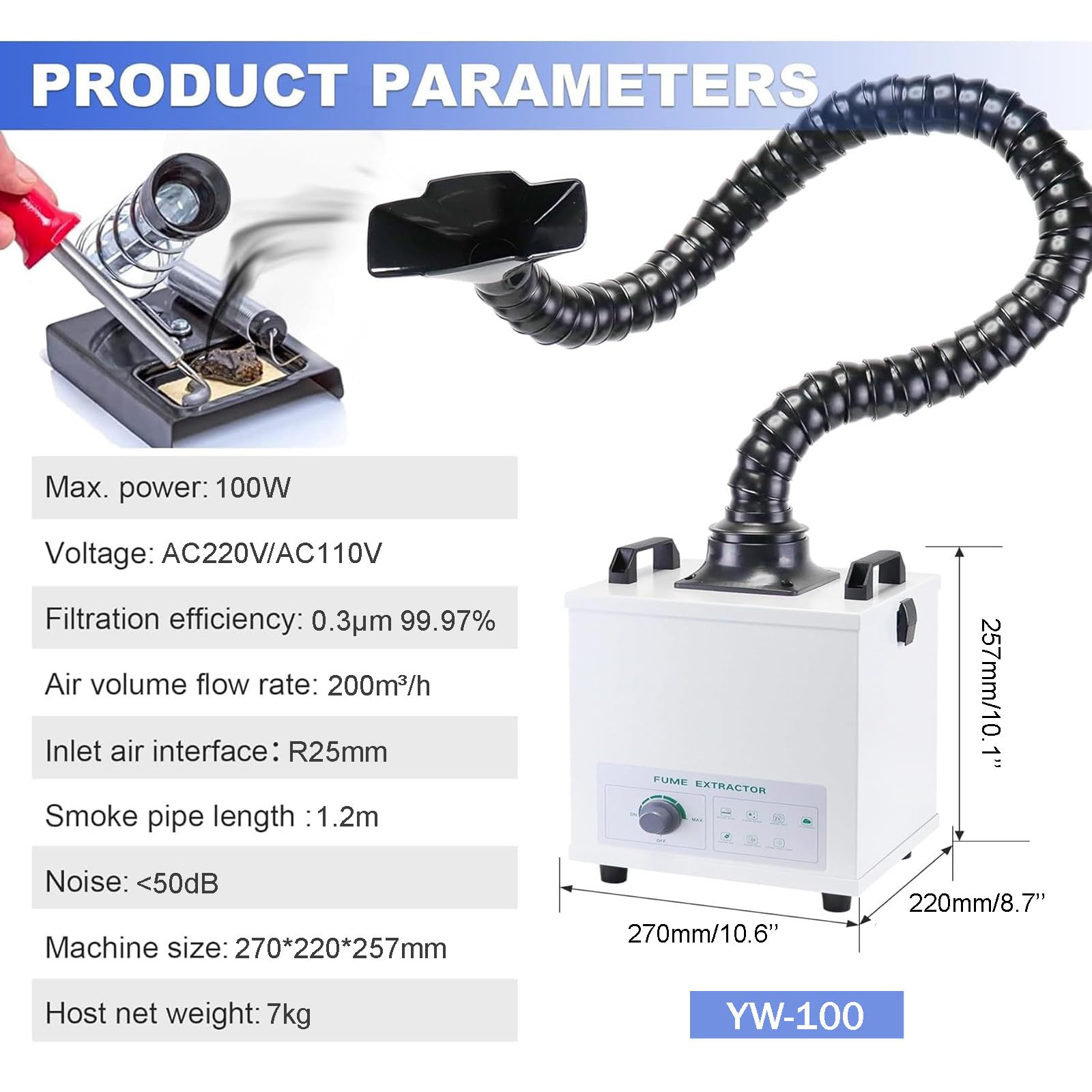 Odsysacz Oparów Lutowniczych 100W, 200m³/h, Cichy, z Obrotem 360° i Regulacją Prędkości, Oczyszczacz Powietrza z 3-Stopniowymi Filtrami do Samodzielnego Spawania, Lutowania na Biurku 220V