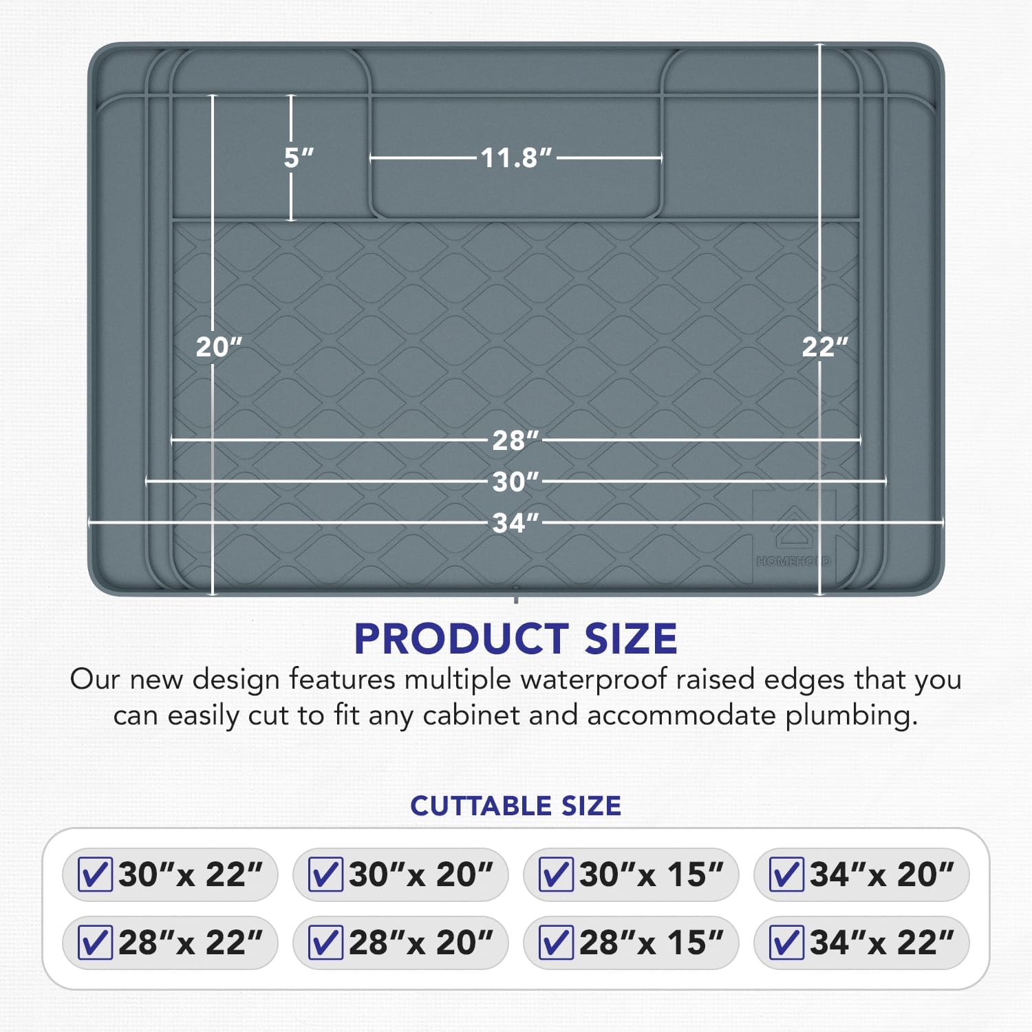 Premium Under Sink Mats for Kitchen Waterproof, 34" x 22" (Customizable to Smaller Sizes), Silicone Under Kitchen Sink Mat for Bathroom Cabinets, Holds up to 3.3 Gallons of Liquid – Grey