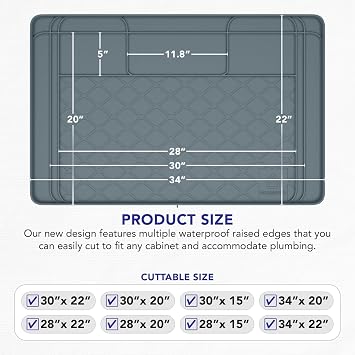 Premium Under Sink Mats for Kitchen Waterproof, 34 x 22 (Customizable to Smaller Sizes), Silicone Under Kitchen Sink Mat for Bathroom Cabinets, Holds up to 3.3 Gallons of Liquid Grey