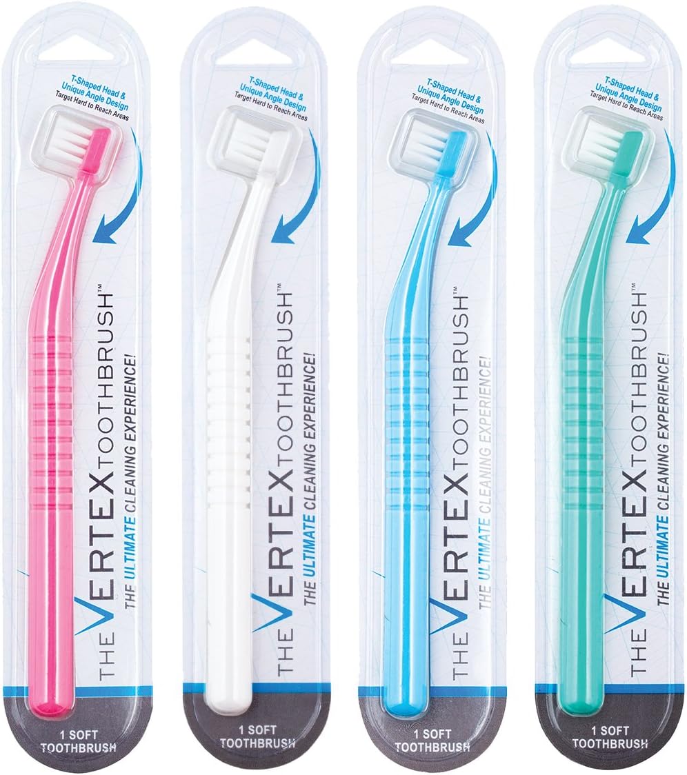 Vertex Toothbrushes, Unique Dental Tool-Inspired Design, Pink/White/Blue/Green, 4 Count