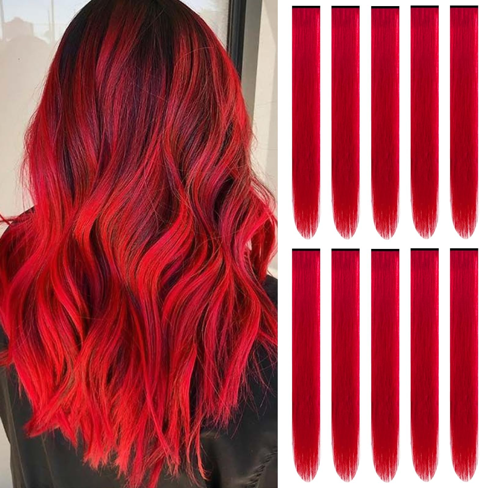22 inch Colored Hair Extensions Straight Hairpiece,Colorful Hair Extensions Party Highlights Clip in Long Synthetic for Girls Women Cosplay Styling Favor Gift(10 PCS Red)
