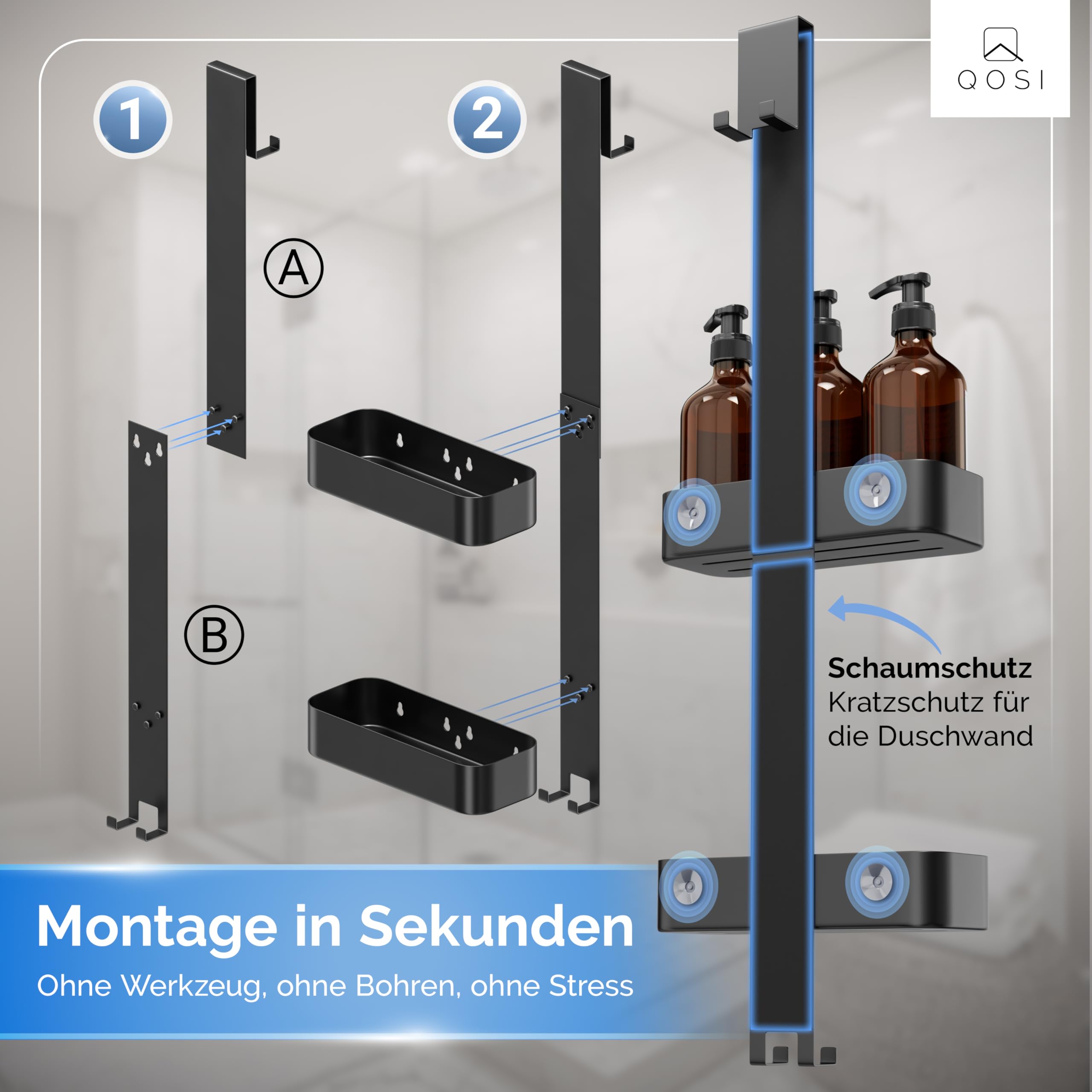 Duschablage zum Hängen inkl. 3 Shampoo Flaschen | Dusch Ablage aus rostfreiem Edelstahl | Duschkorb zum hängen für dein Spa-Feeling im eigenen Bad | Duschregal ohne bohren | Shower Shelf