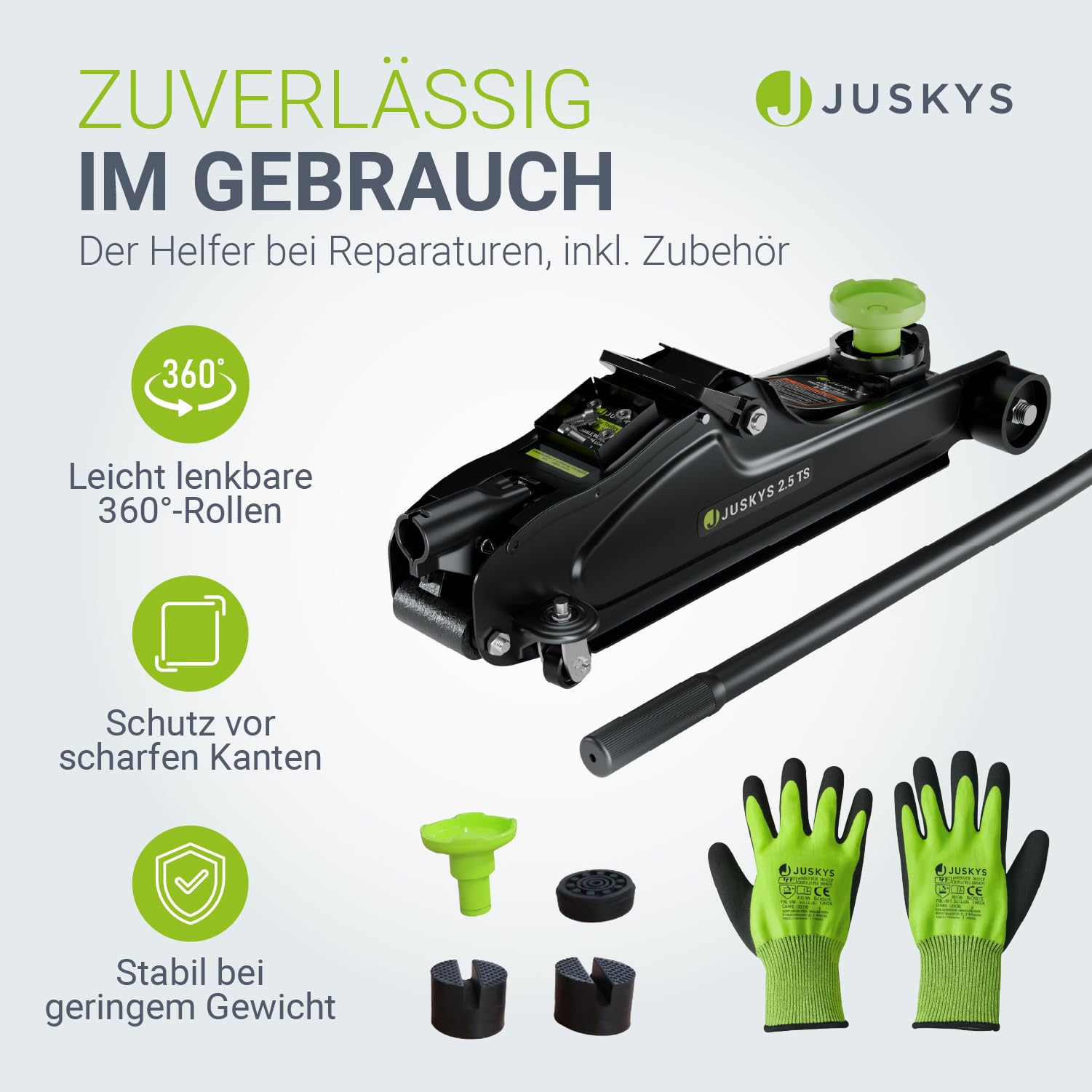 Juskys Wagenheber 2,5 t – Hydraulischer Rangierwagenheber aus Stahl 85–390 mm, mit Transportbox, Gummiauflagen & Zubehör – Schwarz/Grün