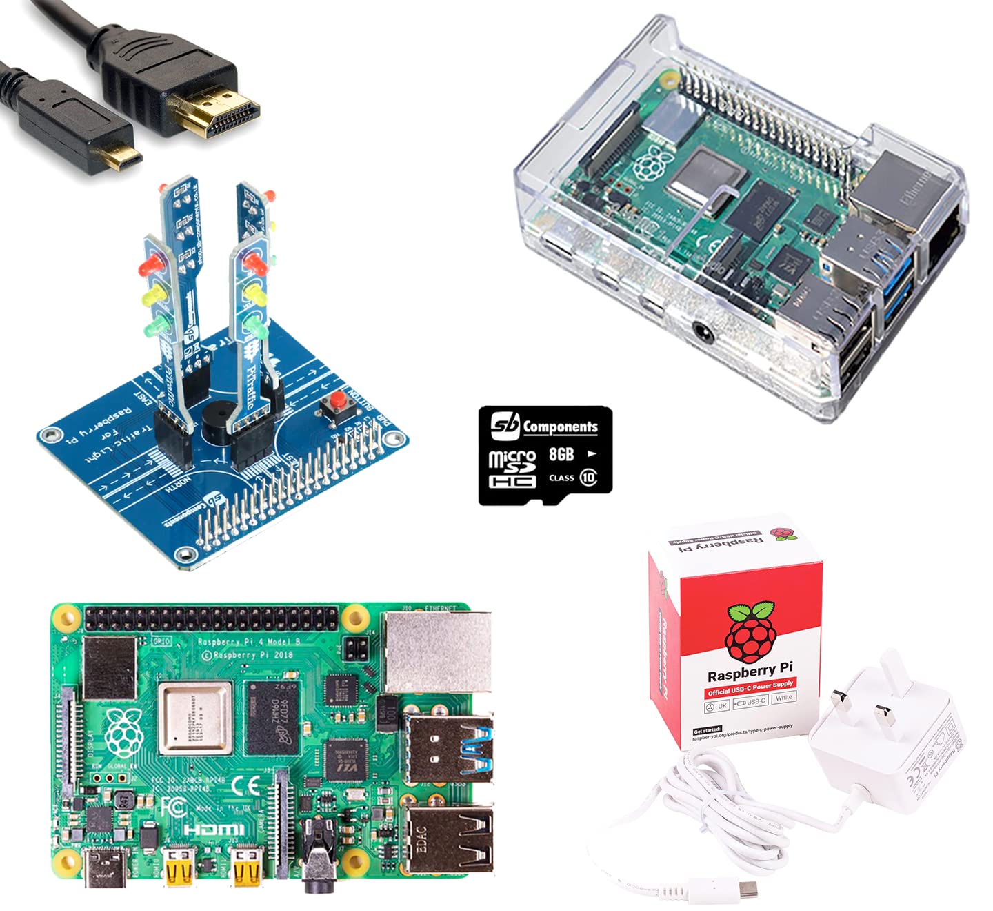sb components Raspberry Pi 4 Starter Kit con PiTraffic, RPi 4 Modello B 2GB RAM, Custodia trasparente, Alimentatore, Cavo Micro HDMI, Scheda SD da 8 GB | Raspberry Pi 4 Kit