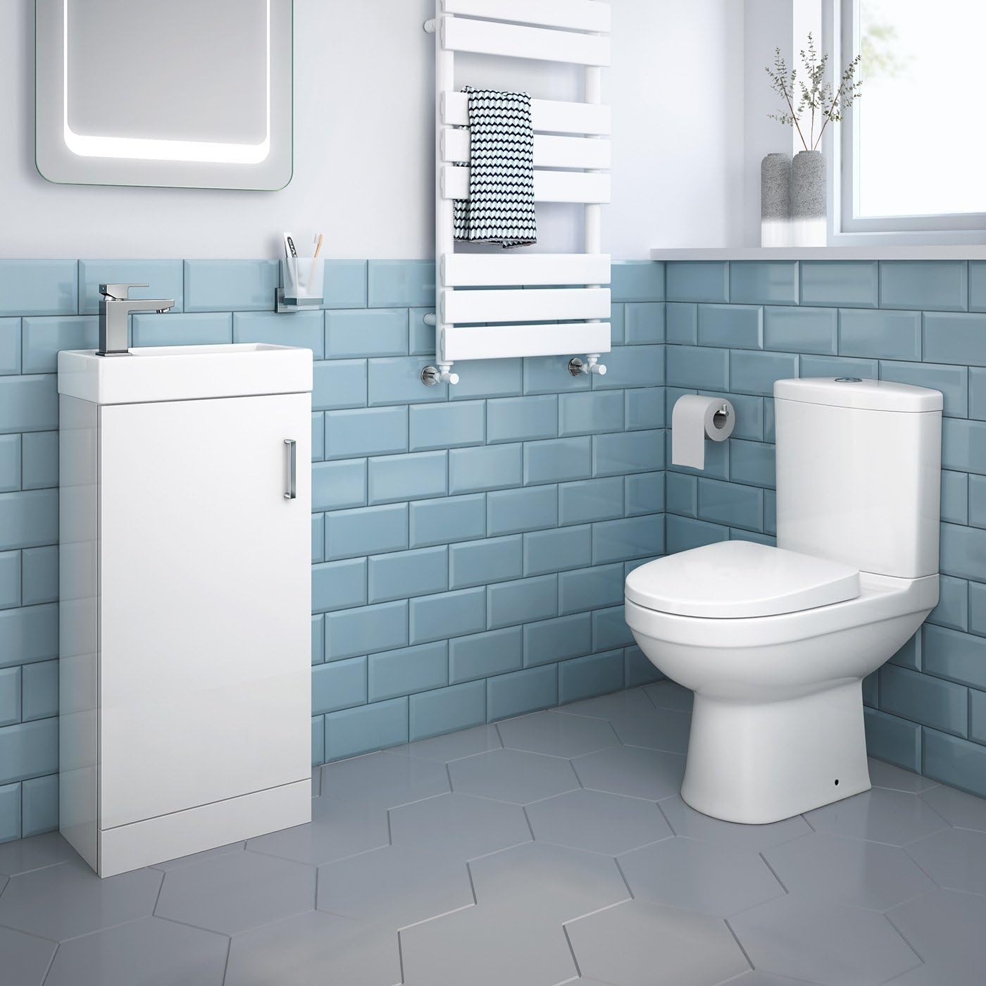 iBathUK Cloakroom Ceramic Suite Vanity Sink Unit Soft Close + Close Coupled Toilet Set