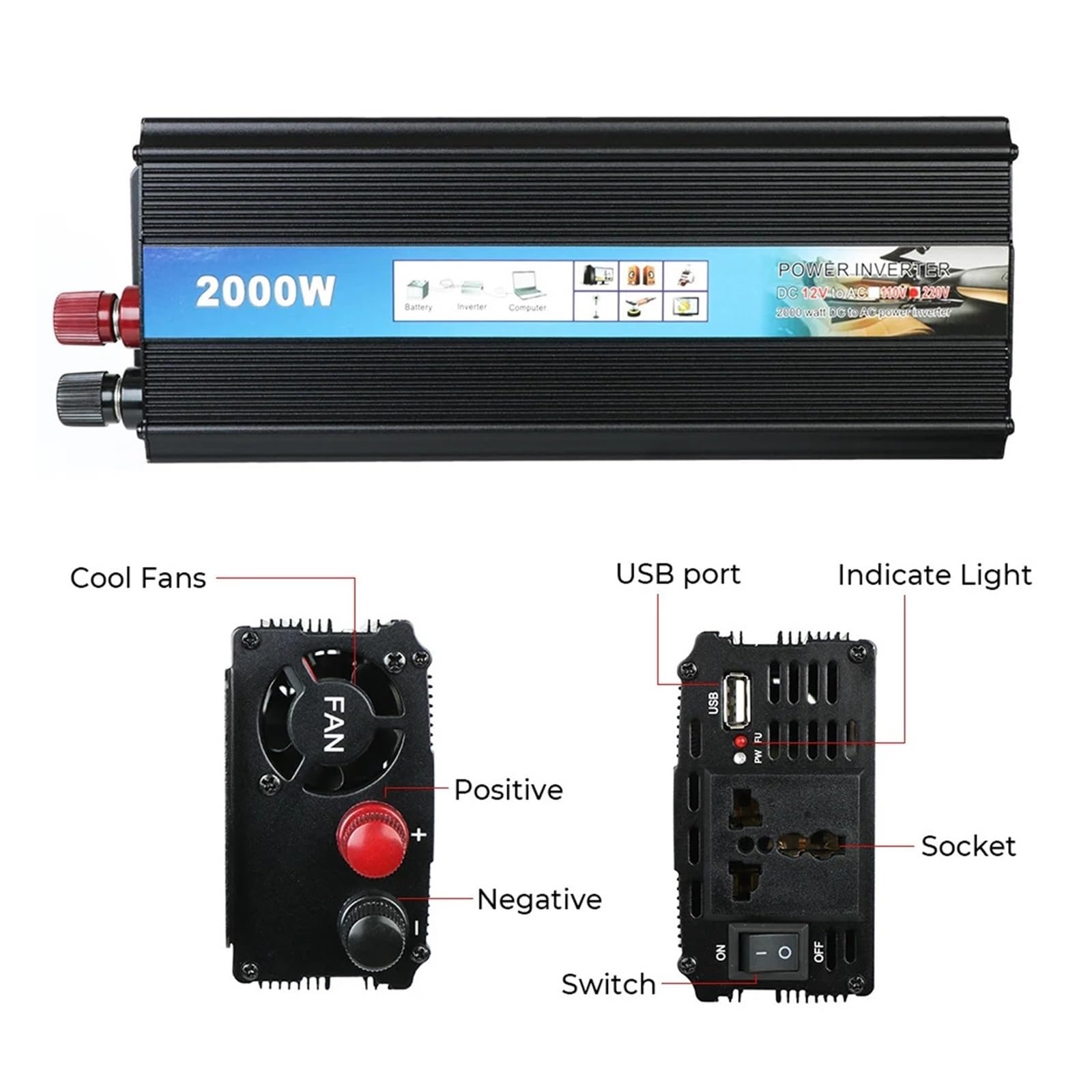 Invertitore di Potenza Inverter a Onda sinusoidale modificata 1000W 2000W di Potenza Convertitore Tensione for Auto con Caricabatterie USB CC a CA(1000W)