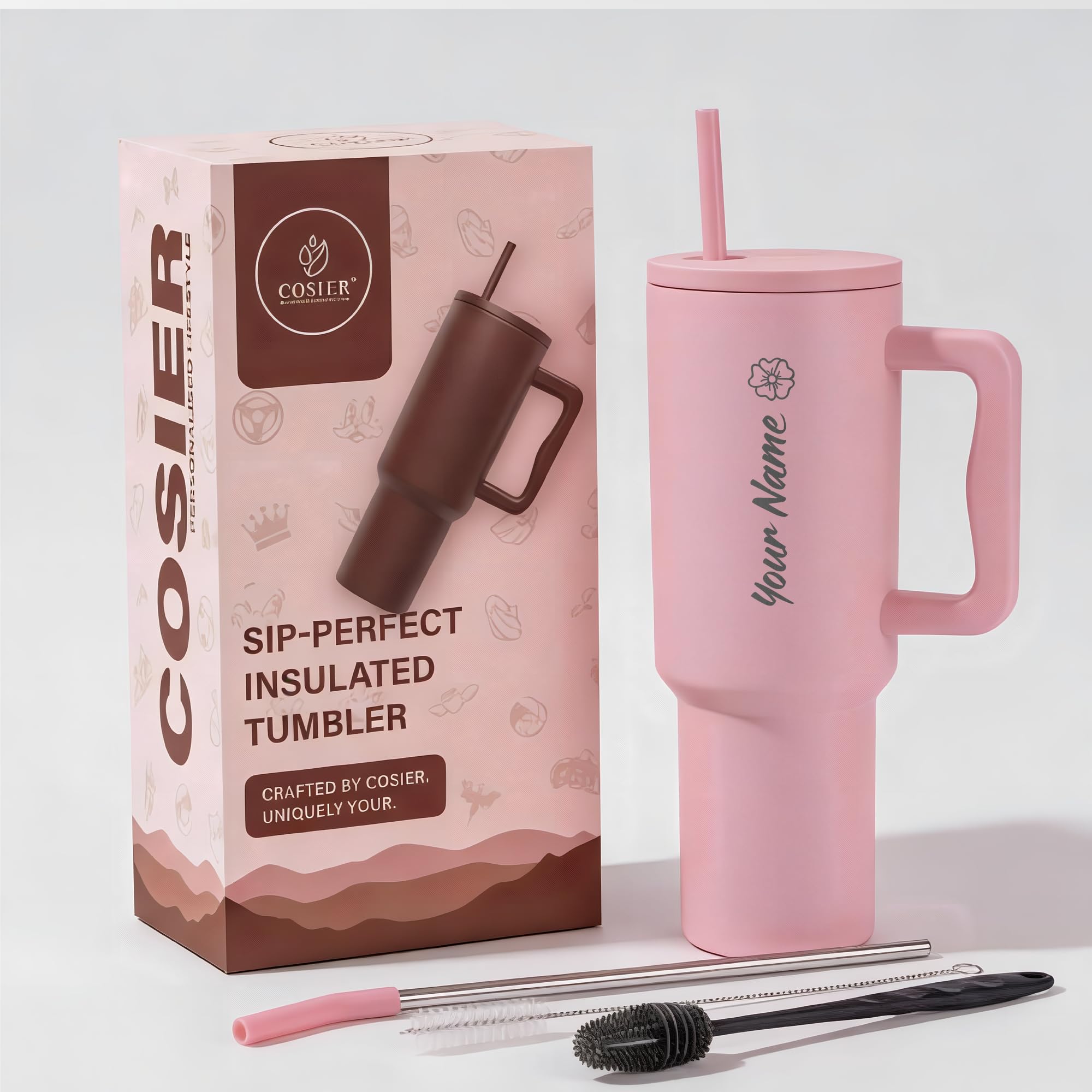 COSIER Personalised 1200ml Insulated Tumbler with Handle and Straw Lid – Large Travel Mug for Coffee & Water, Car Cupholder Friendly (Soft Pink)