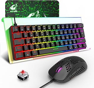 UK Layout 62 Key 60% Mechanical Red Switch Rainbow Backlit Wired Gaming Keyboard + RGB 6400 DPI PC Gaming Mouse + Acrylic Ergonomic Tilted Keyboard Riser Holder Stand + Mice Pad For Game/Office-Black