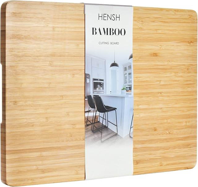Premium Organic Bamboo Chopping Board by Hensh. Medium Size Cutting Board 40cm x 30cm x 2cm. Best for Meat, Vegetables and Cheese. Professional Grade for Durability.