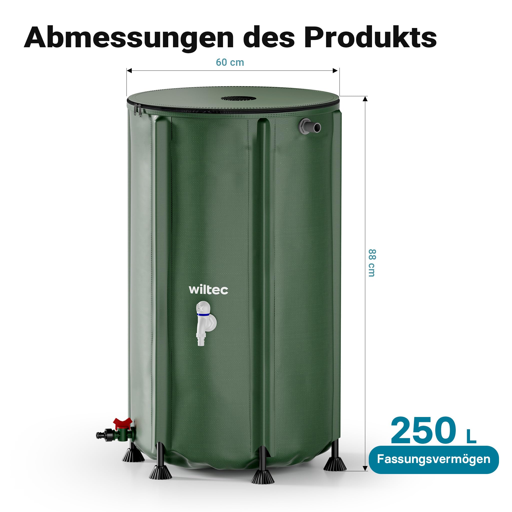 Wiltec Faltbare Regentonne 250 l mit Deckel, Regenfass aus 620 g/m² PVC, Regenwassertank mit Wasserhahn, Wasserspeicher Garten mit Schlauchanschluss