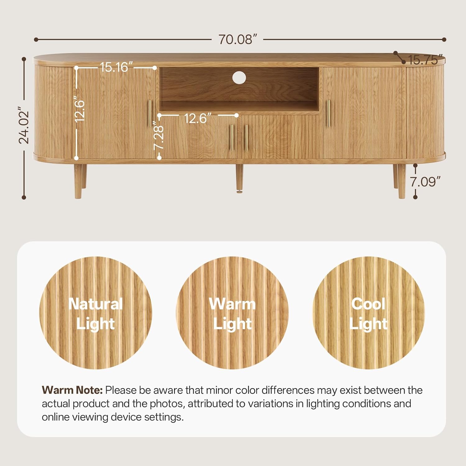 OtterOasis 70" Fluted TV Stand, Mid Century Modern TV Stand for TVs up to 80", Entertainment Center with Storage, Adjustable Shelves, Wood Media Console for Living Room, Bedroom, Natural